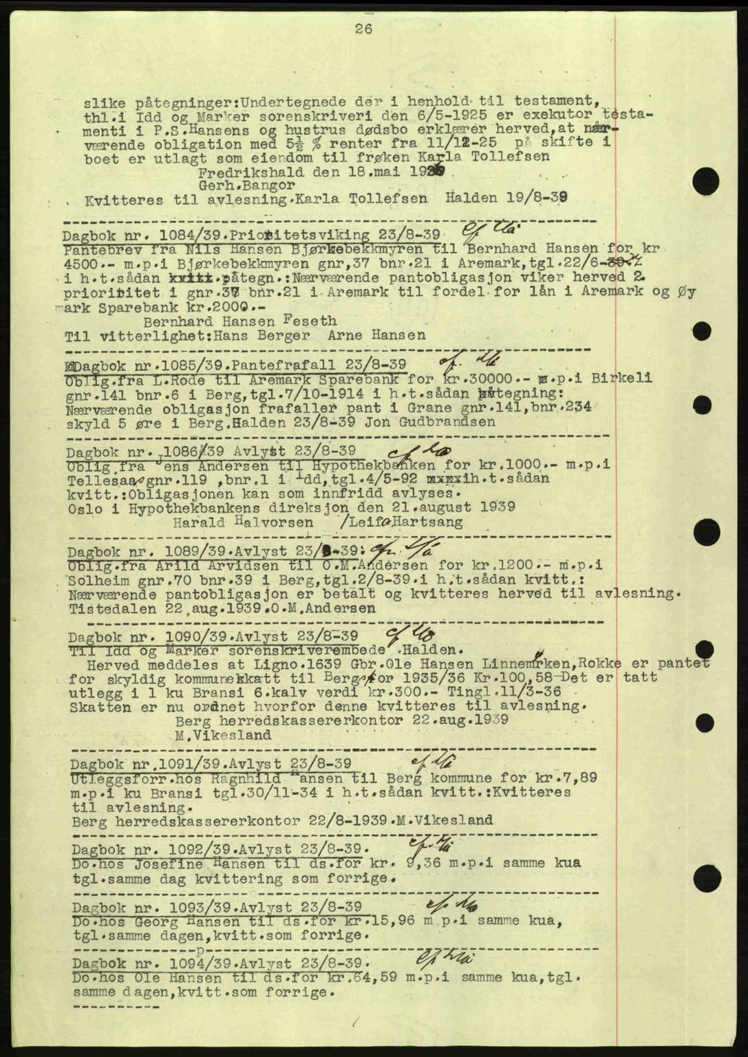 Idd og Marker sorenskriveri, AV/SAO-A-10283/G/Gb/Gbc/L0002: Mortgage book no. B4-9a, 1939-1945, Diary no: : 1084/1939