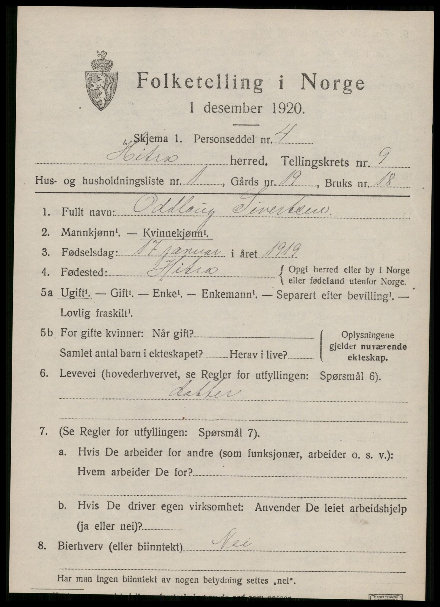 SAT, 1920 census for Hitra, 1920, p. 3061