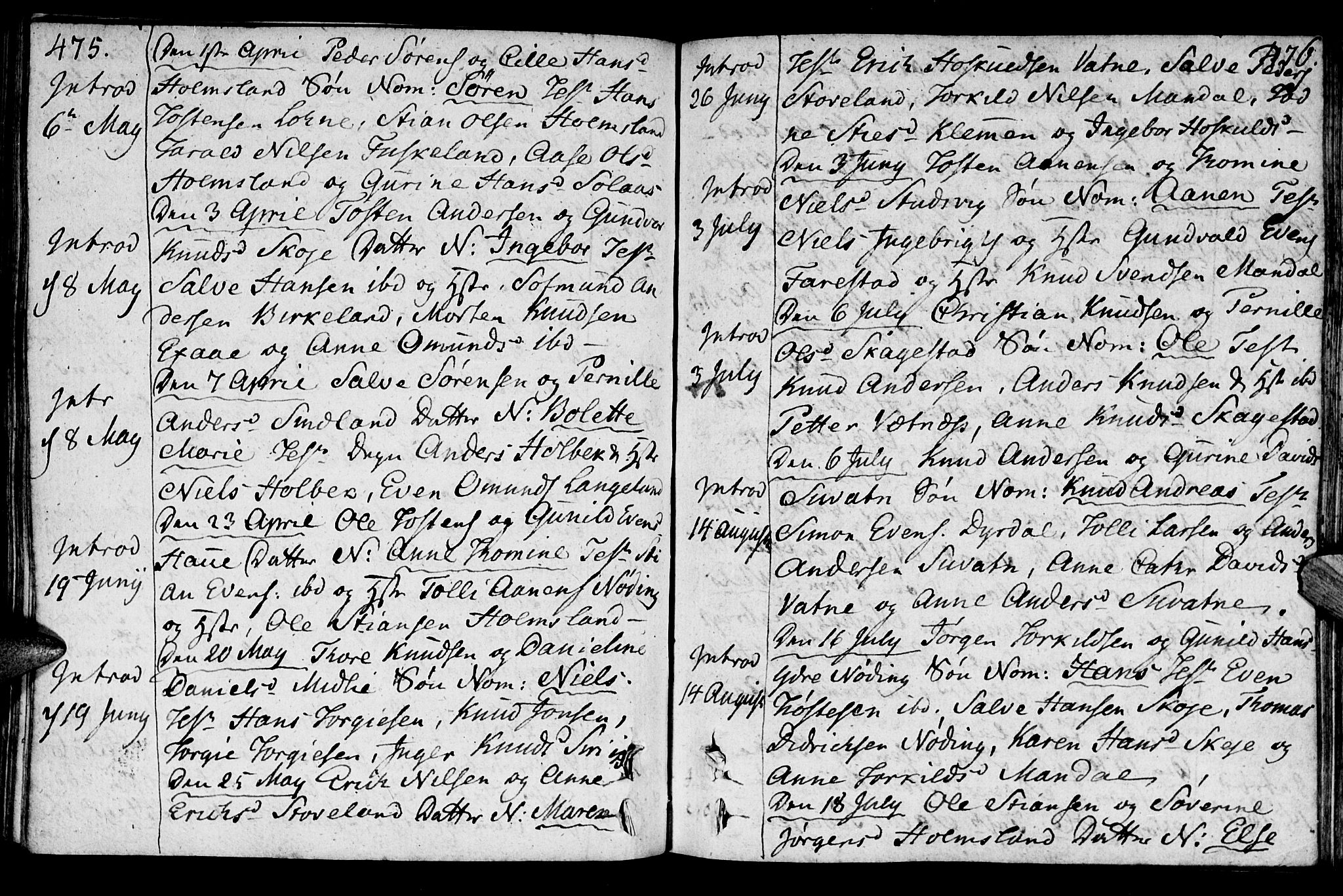 Holum sokneprestkontor, AV/SAK-1111-0022/F/Fa/Faa/L0003: Parish register (official) no. A 3, 1780-1821, p. 475-476