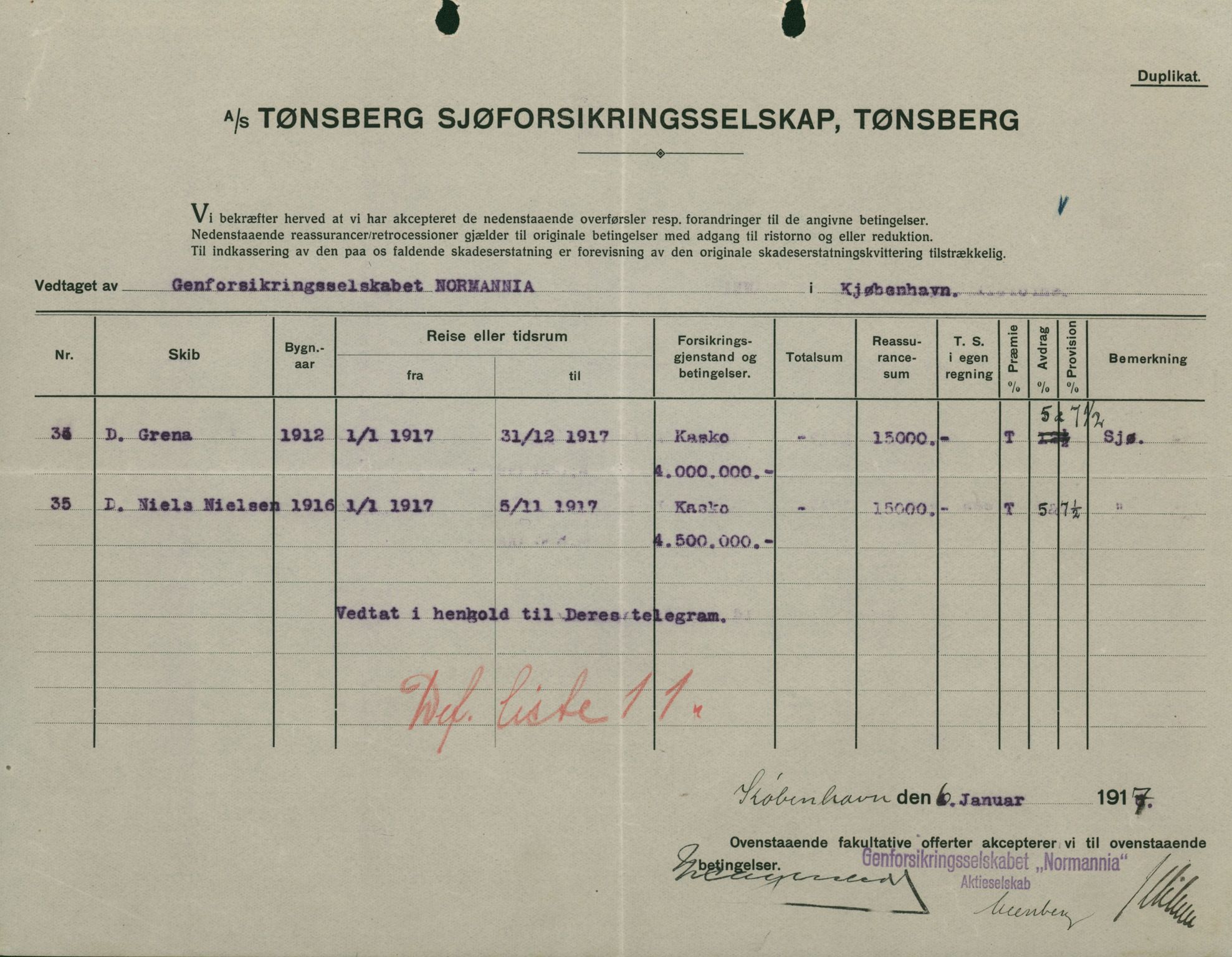 Pa 664 - Tønsberg Sjøforsikringsselskap, VEMU/A-1773/F/L0001: Forsikringspoliser, 1915-1918