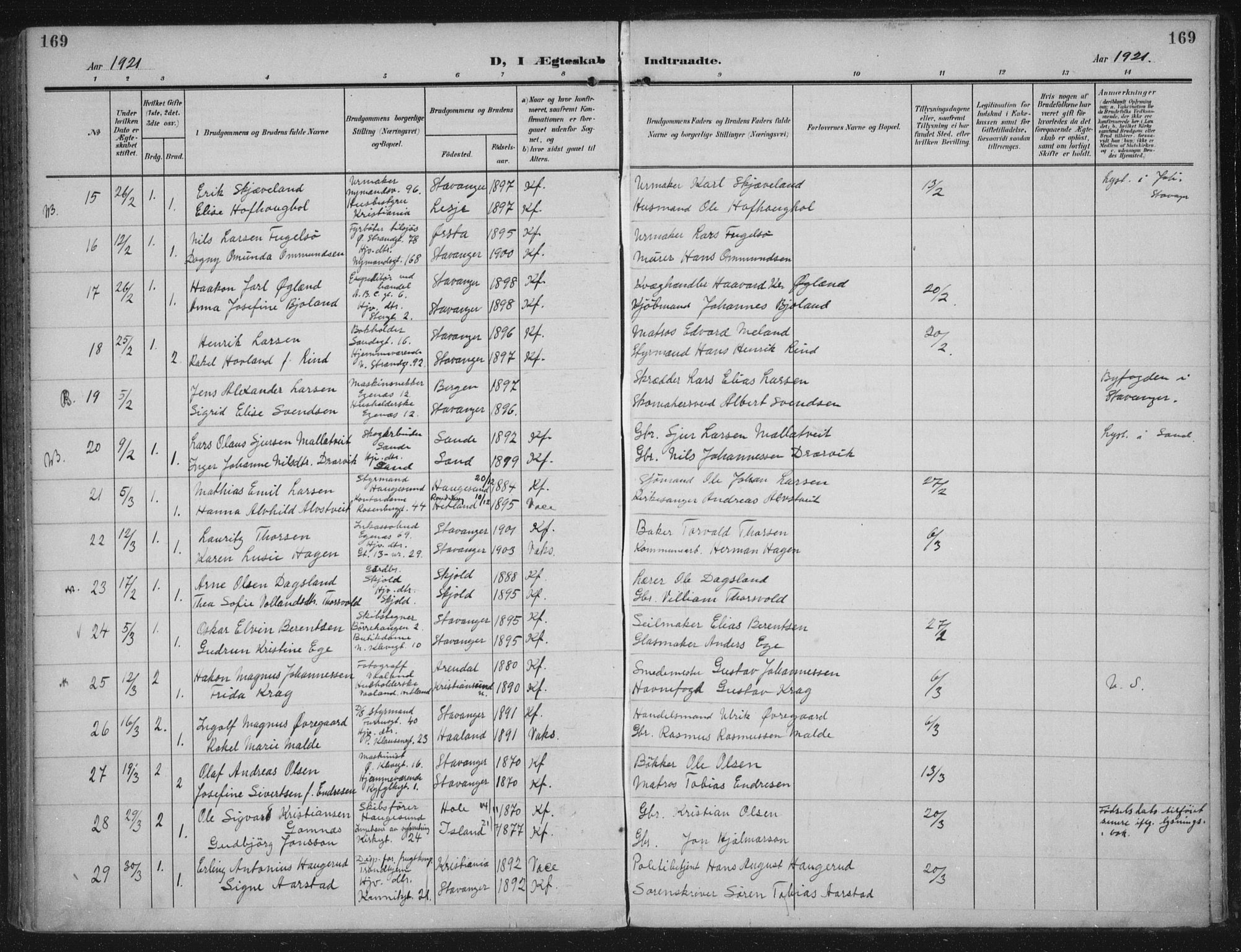 Domkirken sokneprestkontor, AV/SAST-A-101812/002/A/L0016: Parish register (official) no. A 33, 1905-1922, p. 169