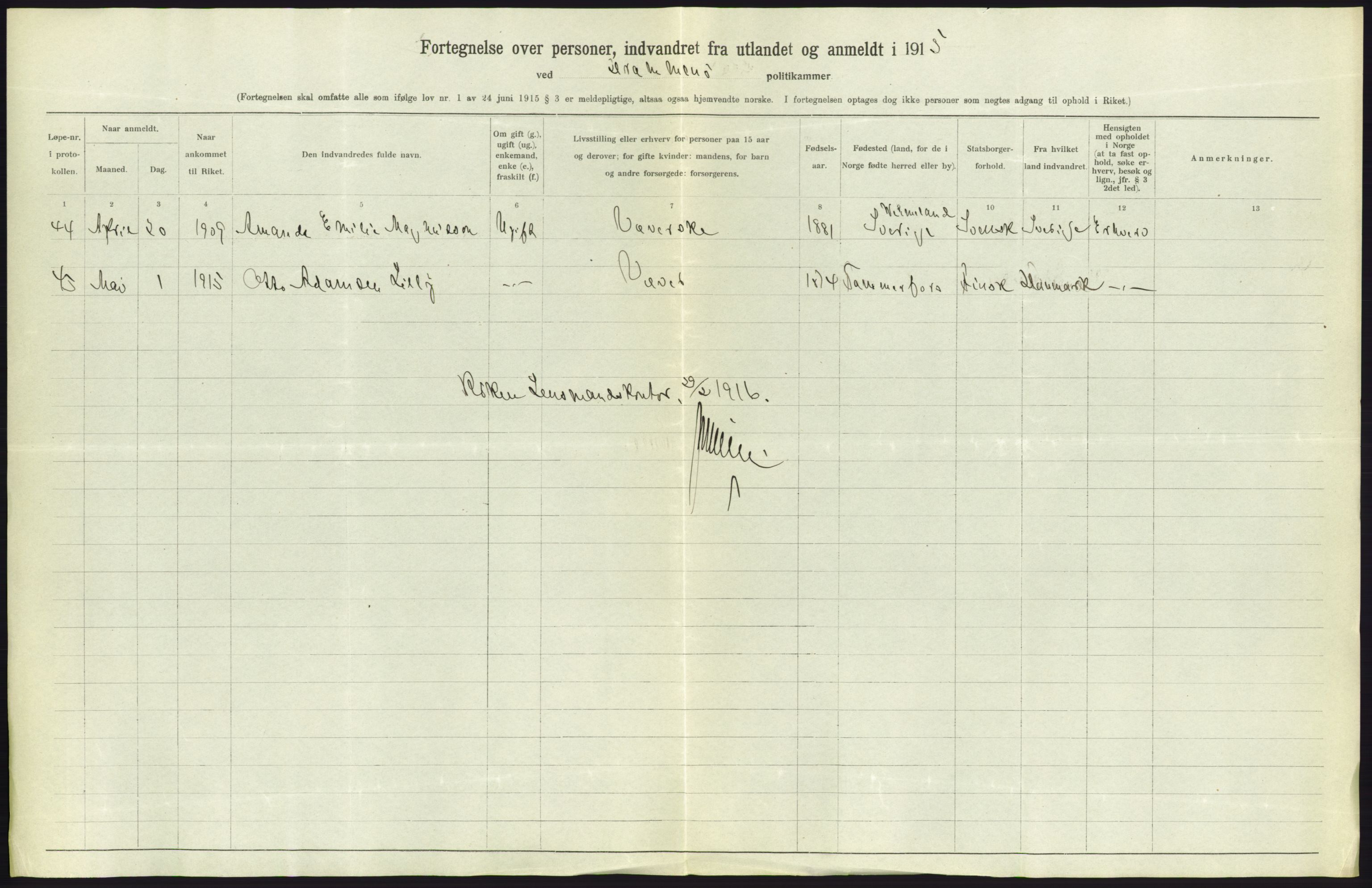 Statistisk sentralbyrå, Sosioøkonomiske emner, Folketellinger, boliger og boforhold, AV/RA-S-2231/F/Fa/L0001: Innvandring. Navn/fylkesvis, 1915, p. 296