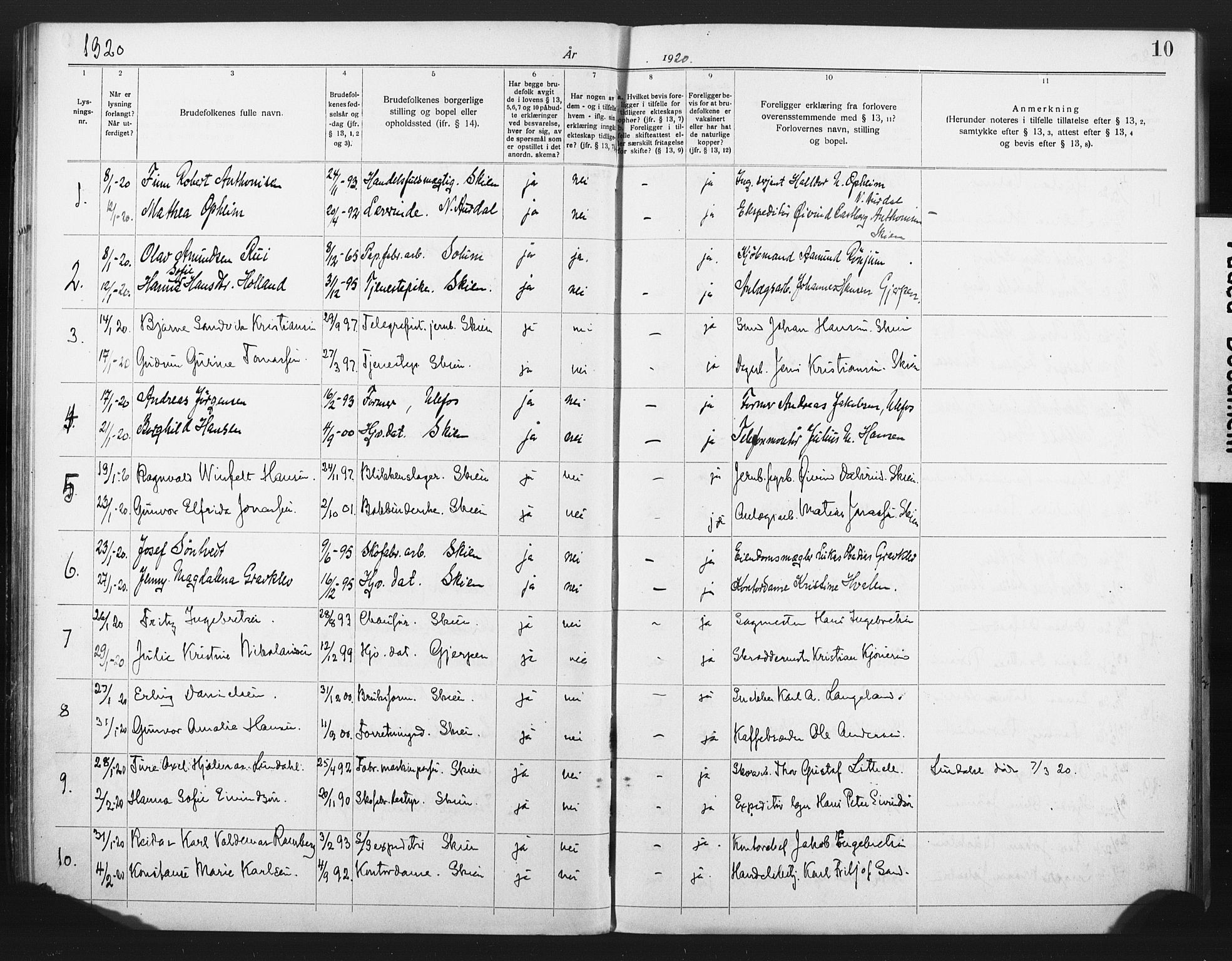 Skien kirkebøker, SAKO/A-302/H/Ha/L0001: Banns register no. 1, 1919-1929, p. 10
