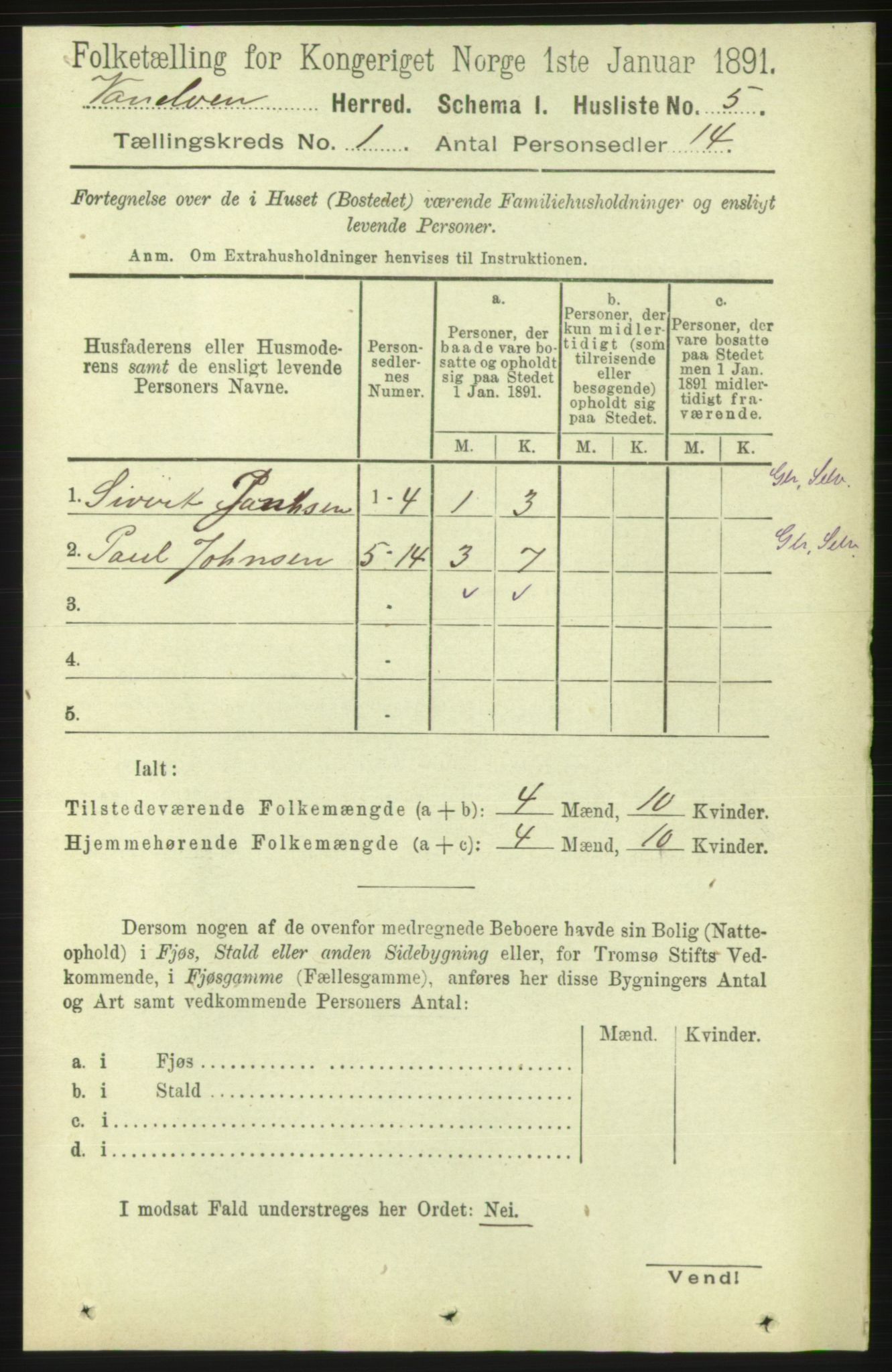 RA, 1891 census for 1511 Vanylven, 1891, p. 25