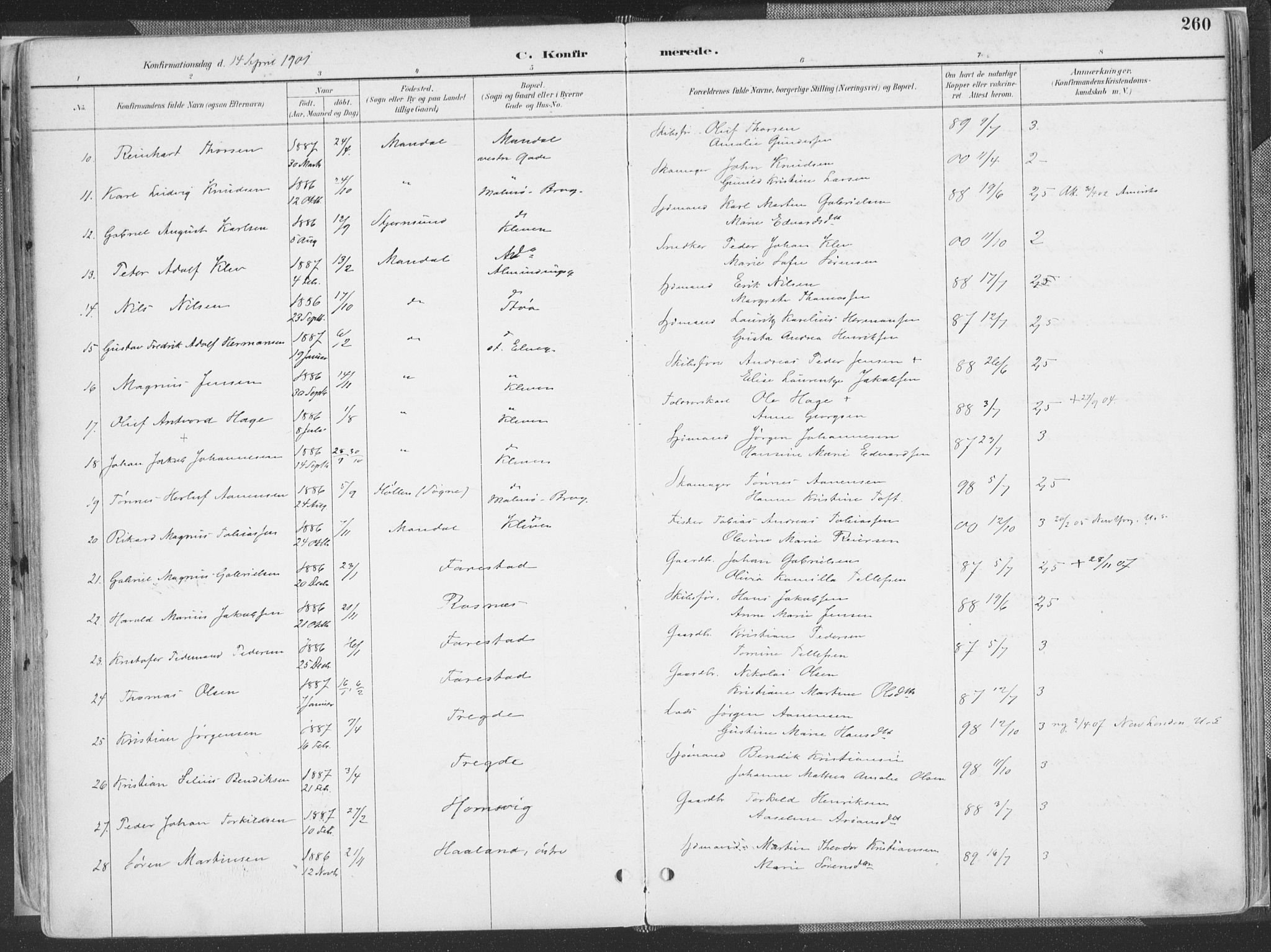 Mandal sokneprestkontor, AV/SAK-1111-0030/F/Fa/Faa/L0018: Parish register (official) no. A 18, 1890-1905, p. 260