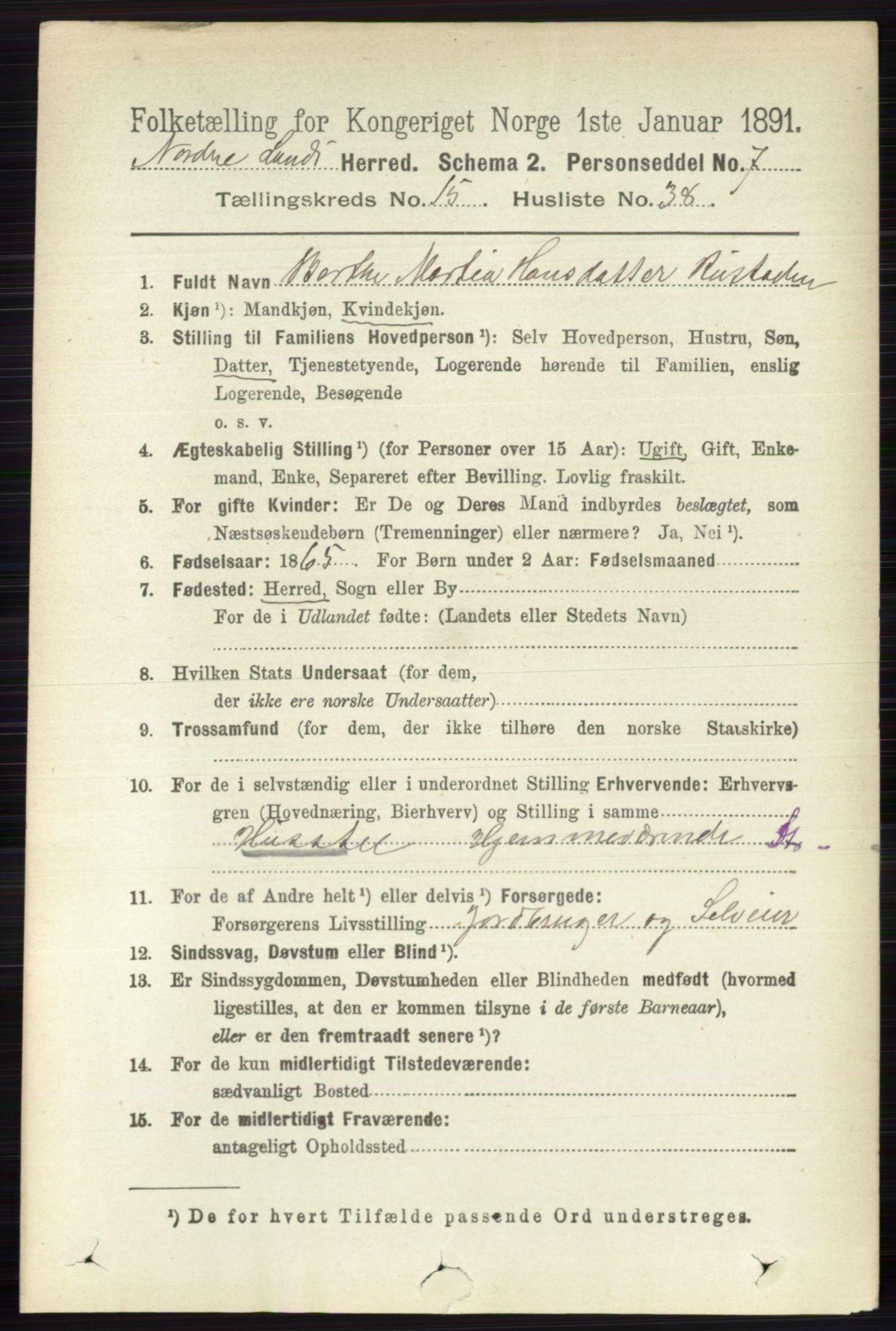 RA, 1891 census for 0538 Nordre Land, 1891, p. 3997