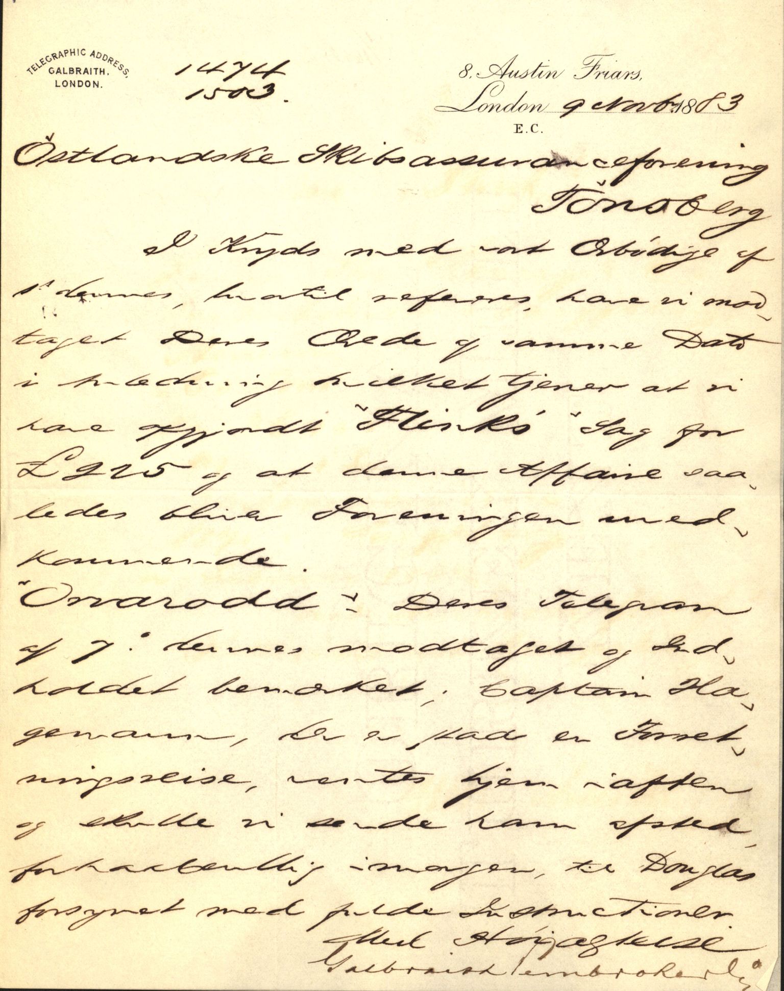 Pa 63 - Østlandske skibsassuranceforening, VEMU/A-1079/G/Ga/L0016/0002: Havaridokumenter / Brage, Frithof, Galis, Glencairn, Flink, 1883, p. 85