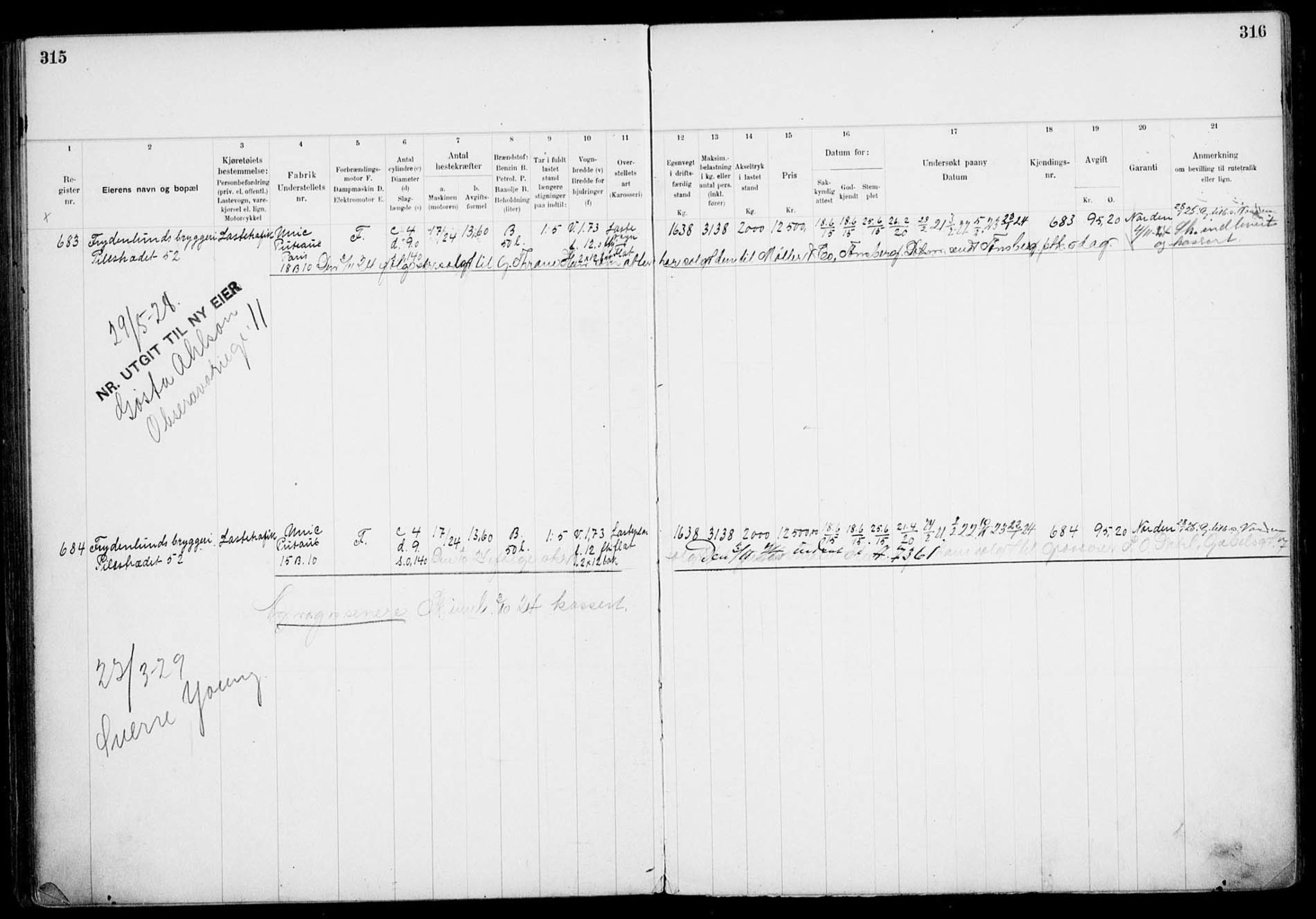 Vegdirektoratet, Bilavdelingen M, AV/RA-S-1663/F/Fa/L0002: Bilregisterprotokoll. Reg.nr. A1-A29 og A400-A902, 1913-1926, p. 315-316