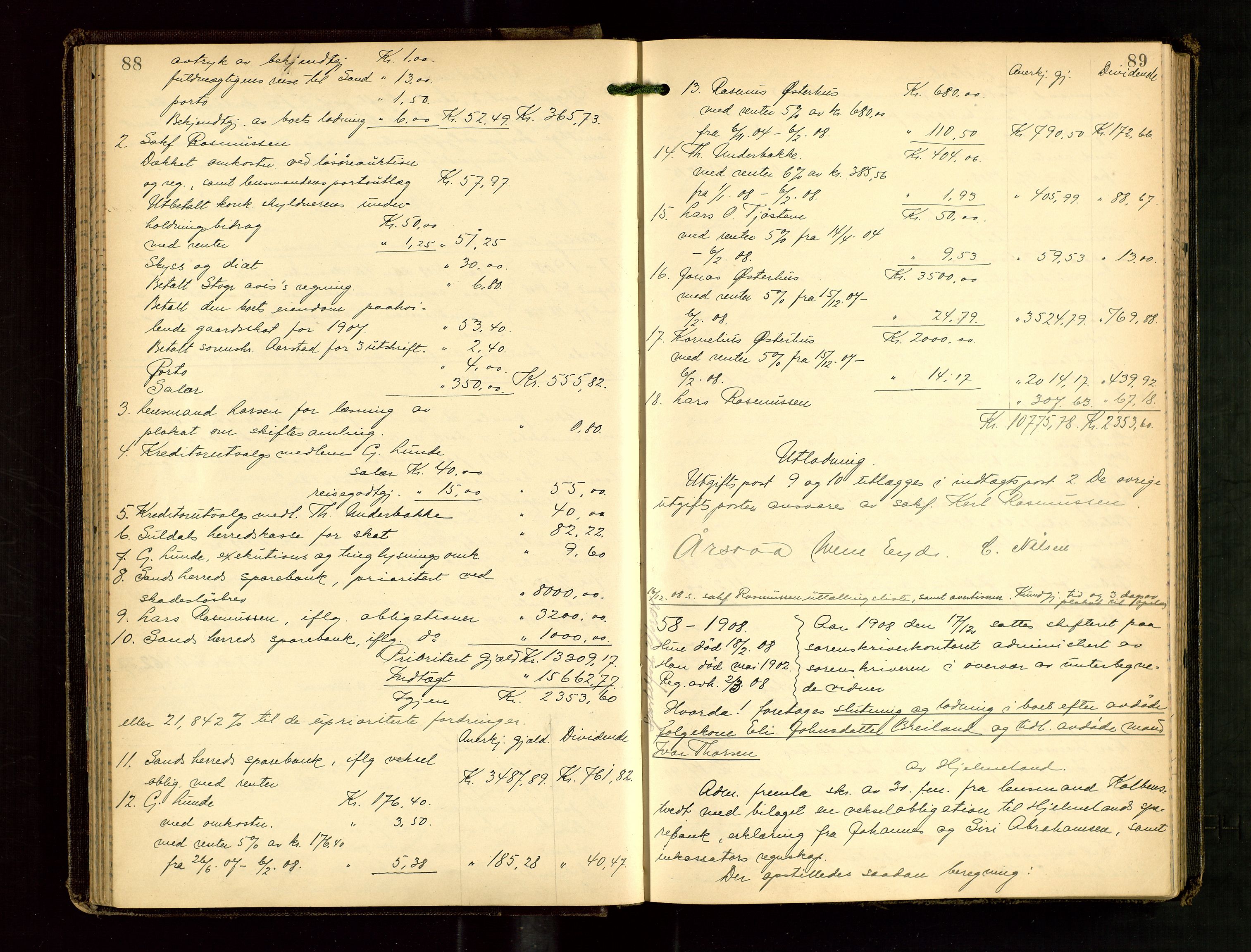 Ryfylke tingrett, AV/SAST-A-100055/001/IV/IVG/L0003: Skifteutlodningsprotokoll Med register, 1907-1912, p. 88-89