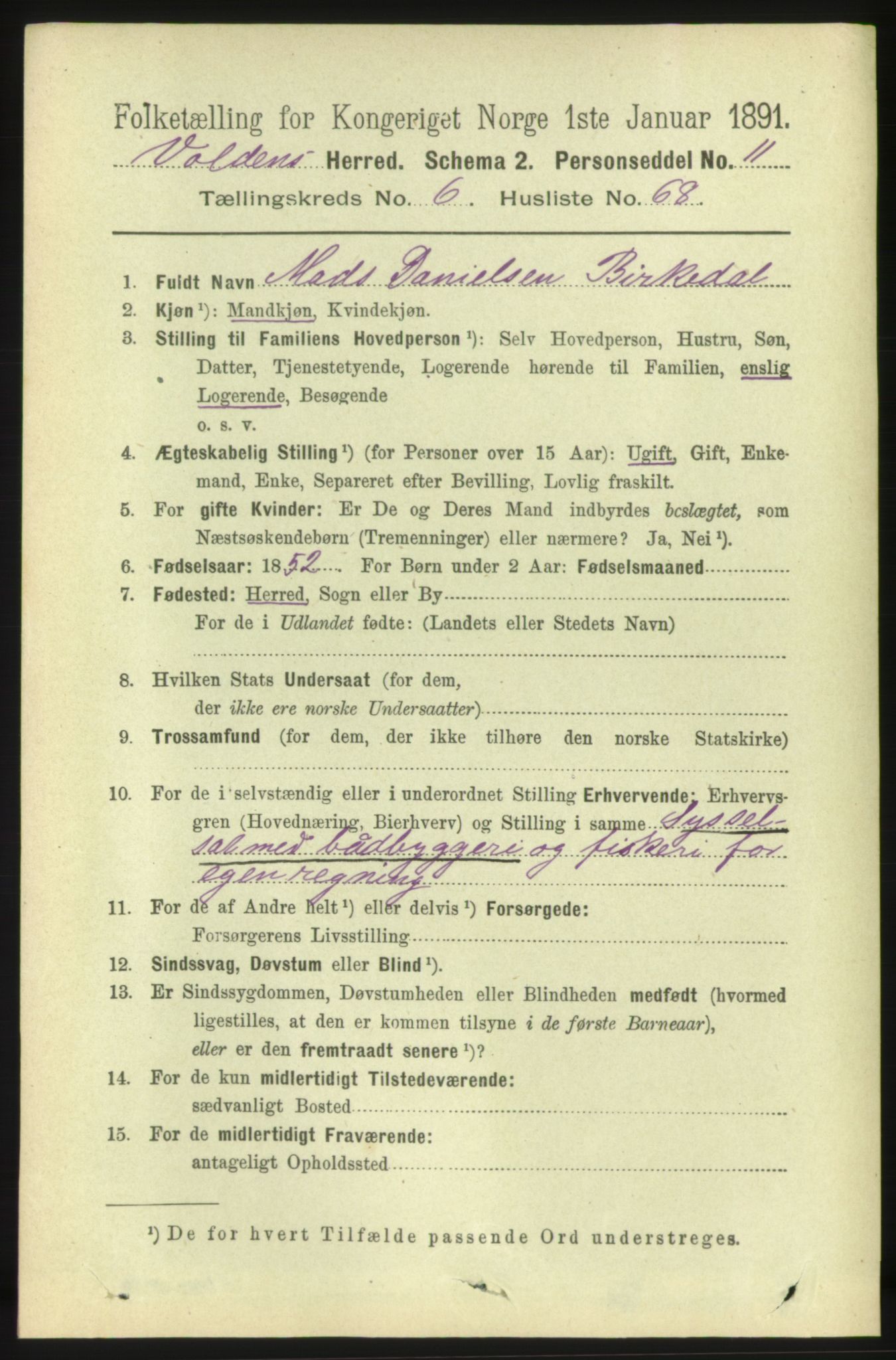 RA, 1891 census for 1519 Volda, 1891, p. 3281