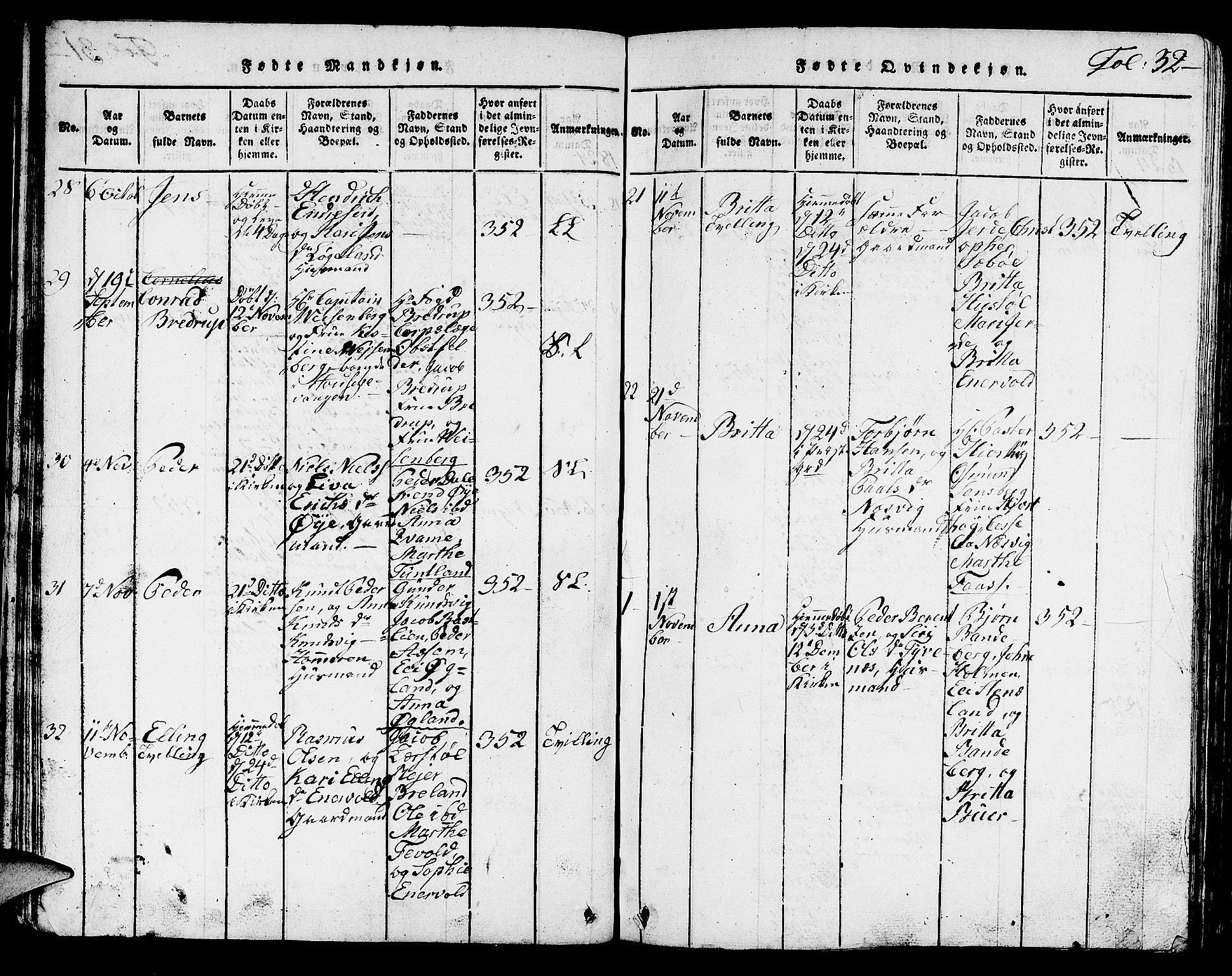 Hjelmeland sokneprestkontor, AV/SAST-A-101843/01/V/L0001: Parish register (copy) no. B 1, 1816-1841, p. 32