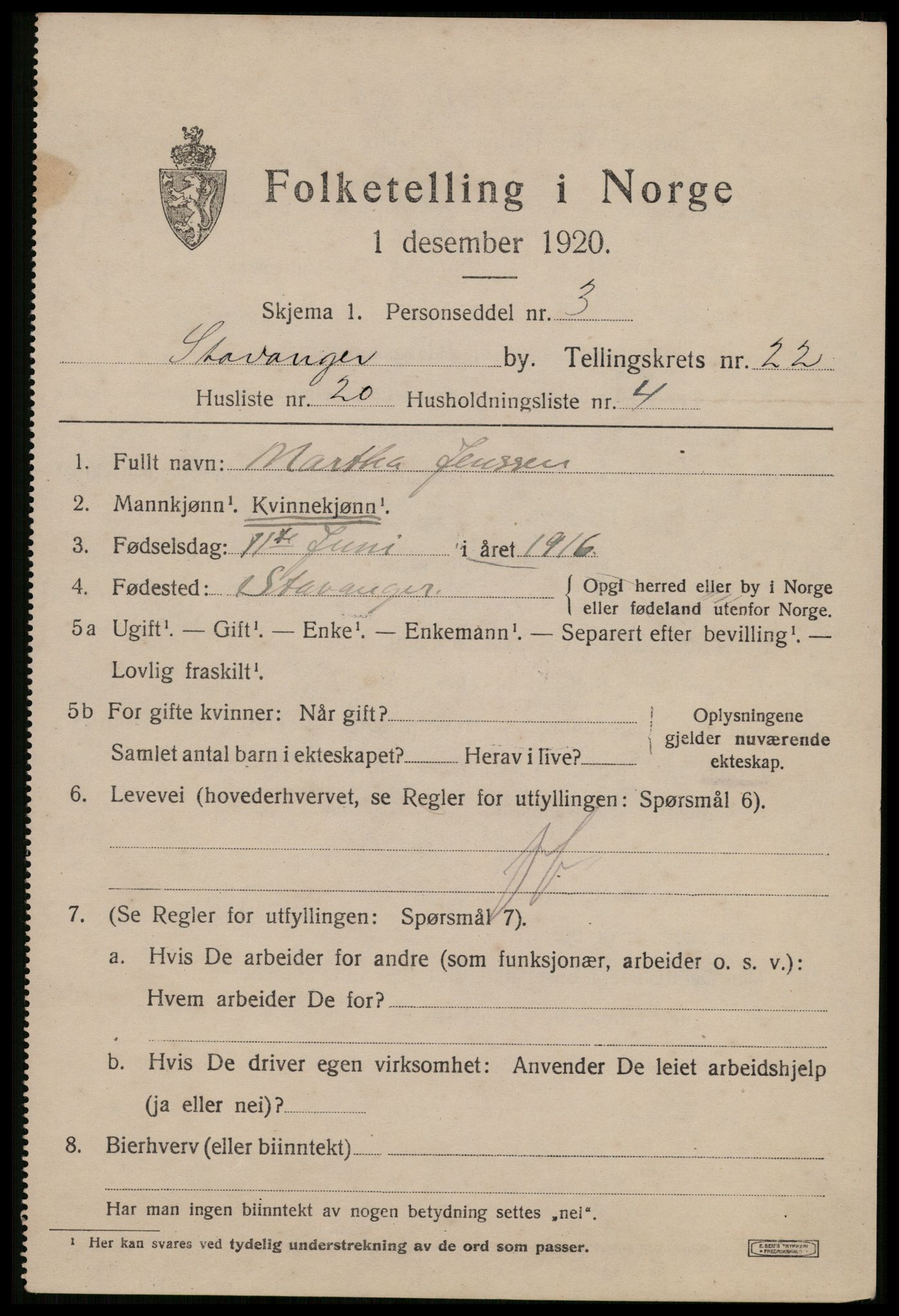 SAST, 1920 census for Stavanger, 1920, p. 73976