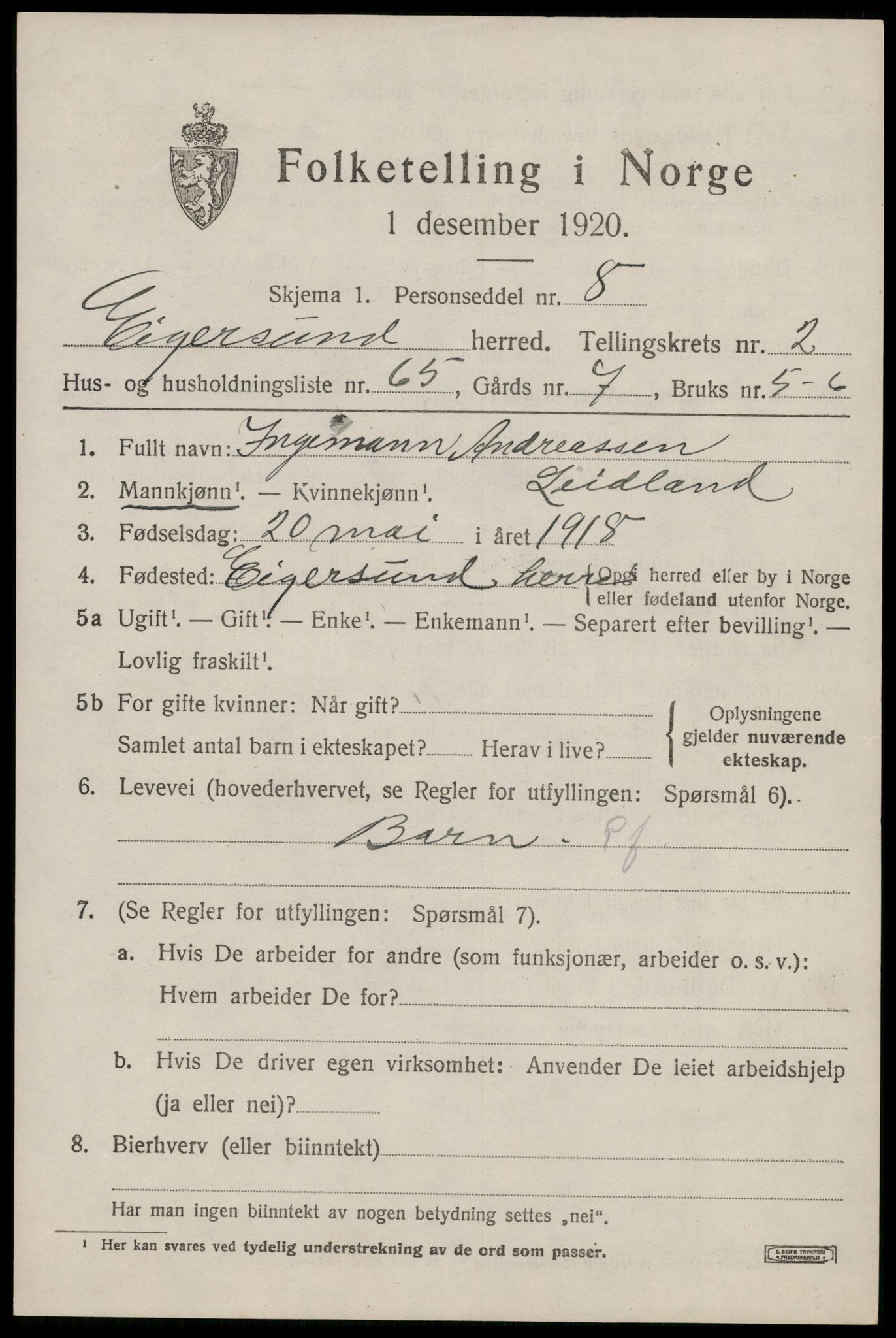 SAST, 1920 census for Eigersund, 1920, p. 2309