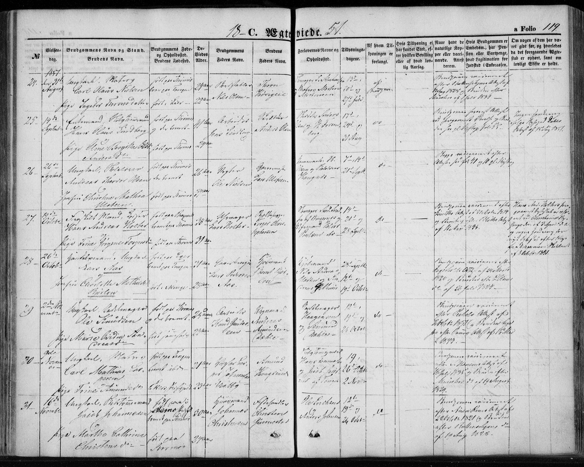 Strømsø kirkebøker, AV/SAKO-A-246/F/Fa/L0017: Parish register (official) no. I 17, 1848-1865, p. 119