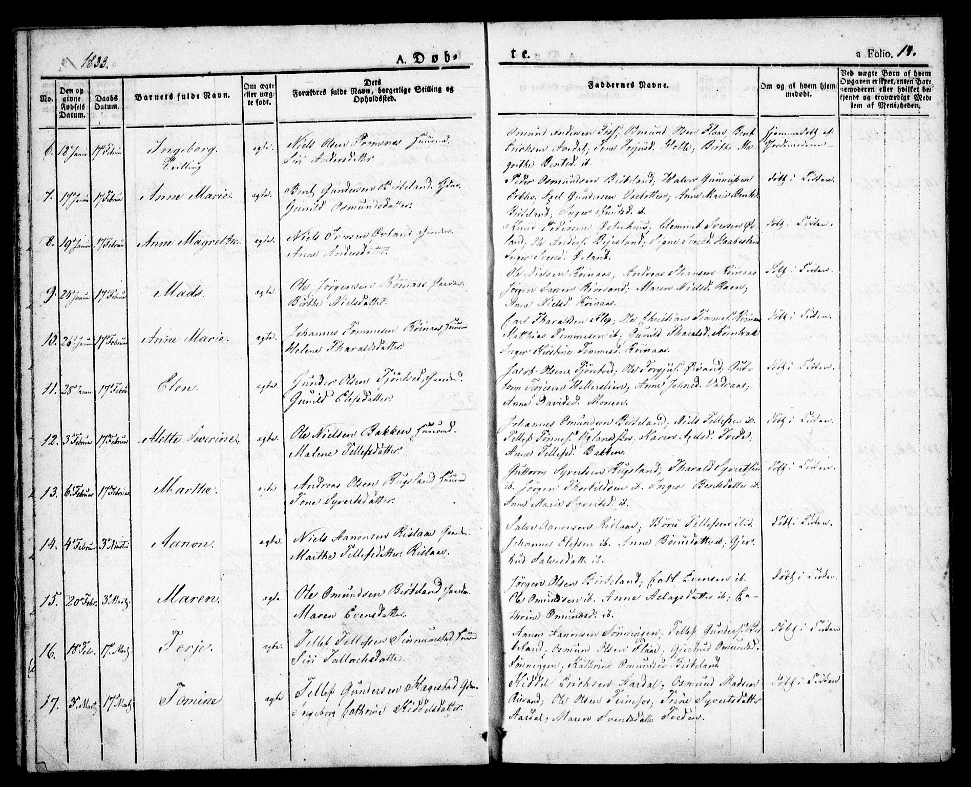 Birkenes sokneprestkontor, AV/SAK-1111-0004/F/Fa/L0001: Parish register (official) no. A 1, 1829-1849, p. 14