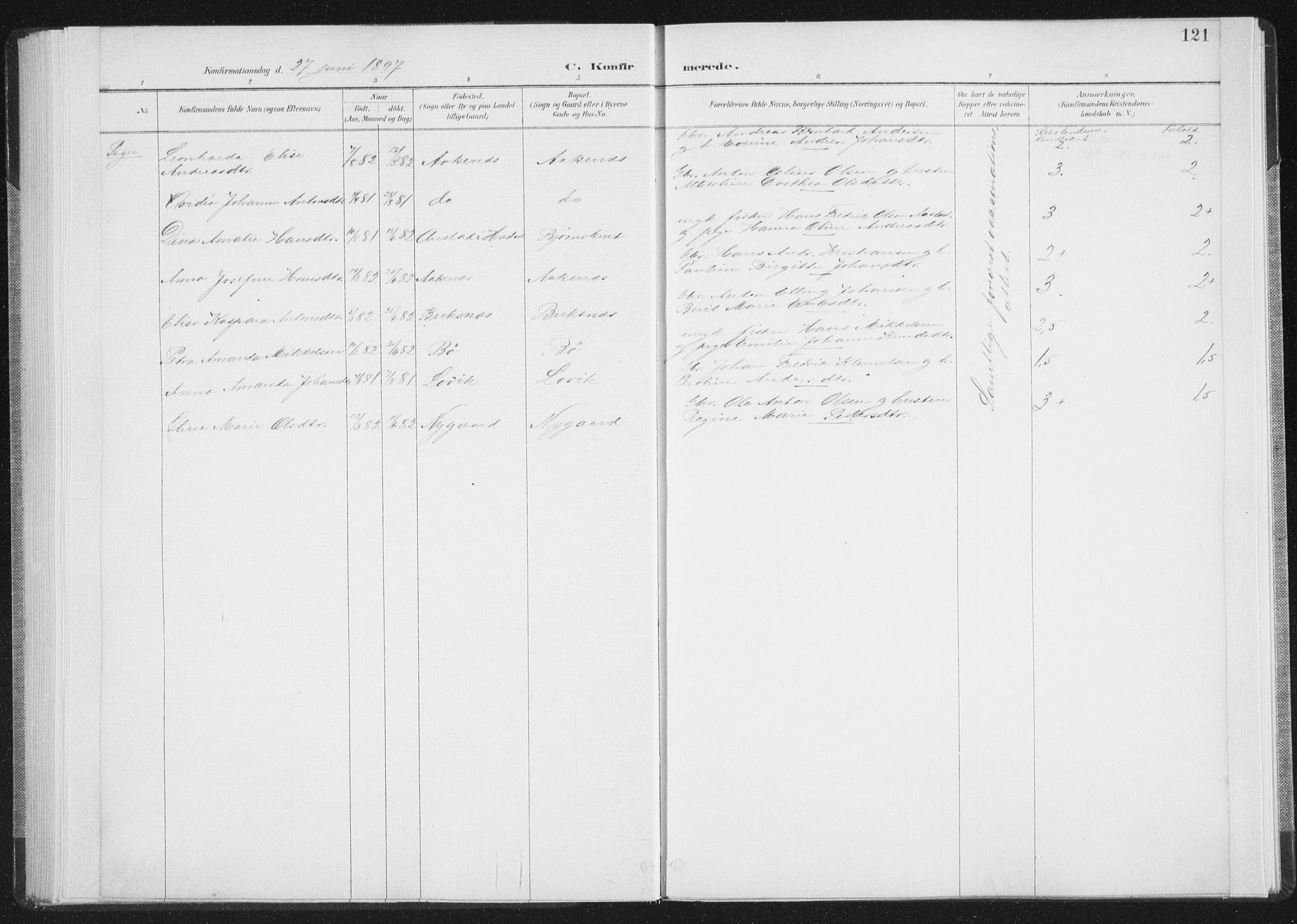 Ministerialprotokoller, klokkerbøker og fødselsregistre - Nordland, AV/SAT-A-1459/898/L1422: Parish register (official) no. 898A02, 1887-1908, p. 121