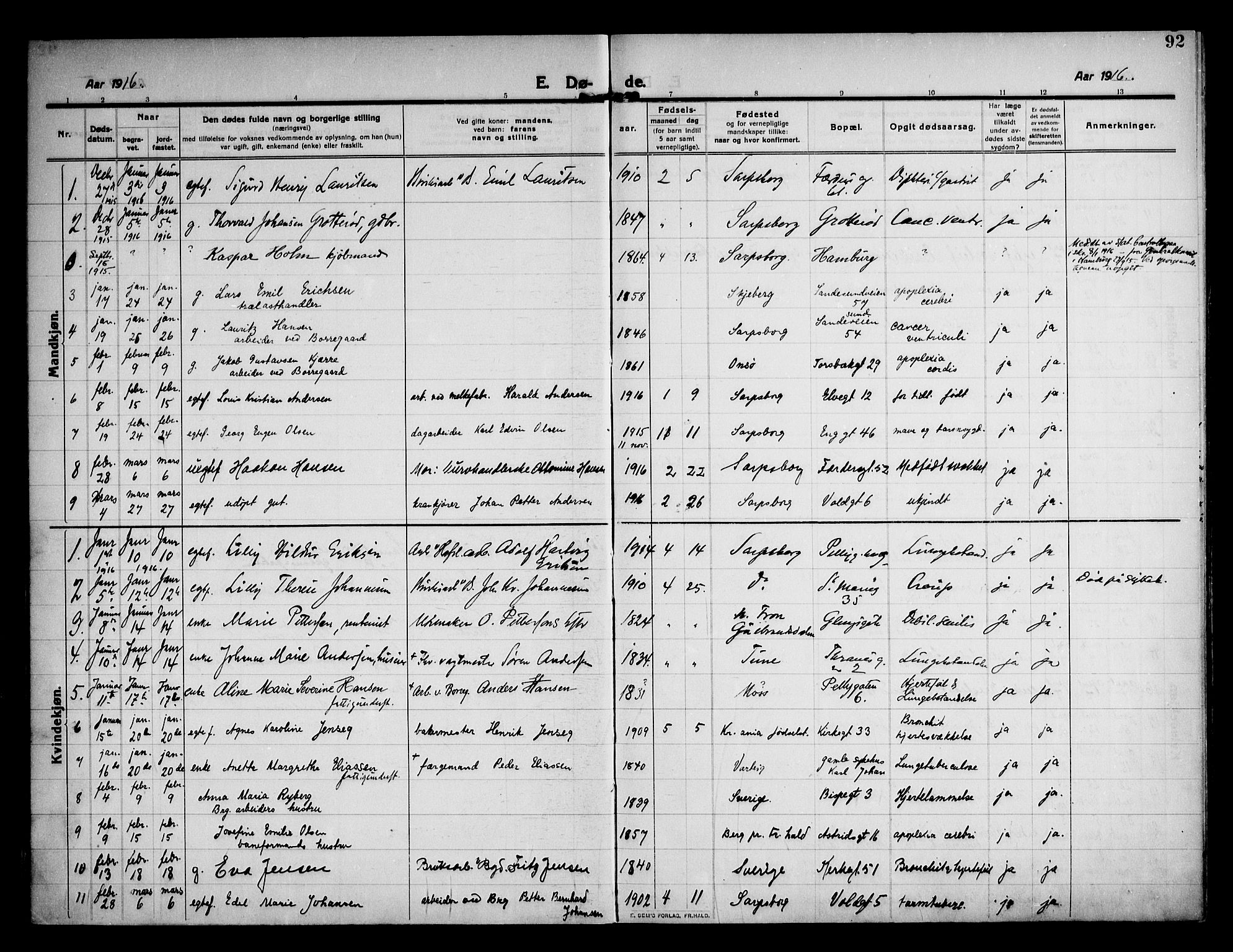 Sarpsborg prestekontor Kirkebøker, AV/SAO-A-2006/F/Fa/L0007: Parish register (official) no. 7, 1910-1918, p. 92