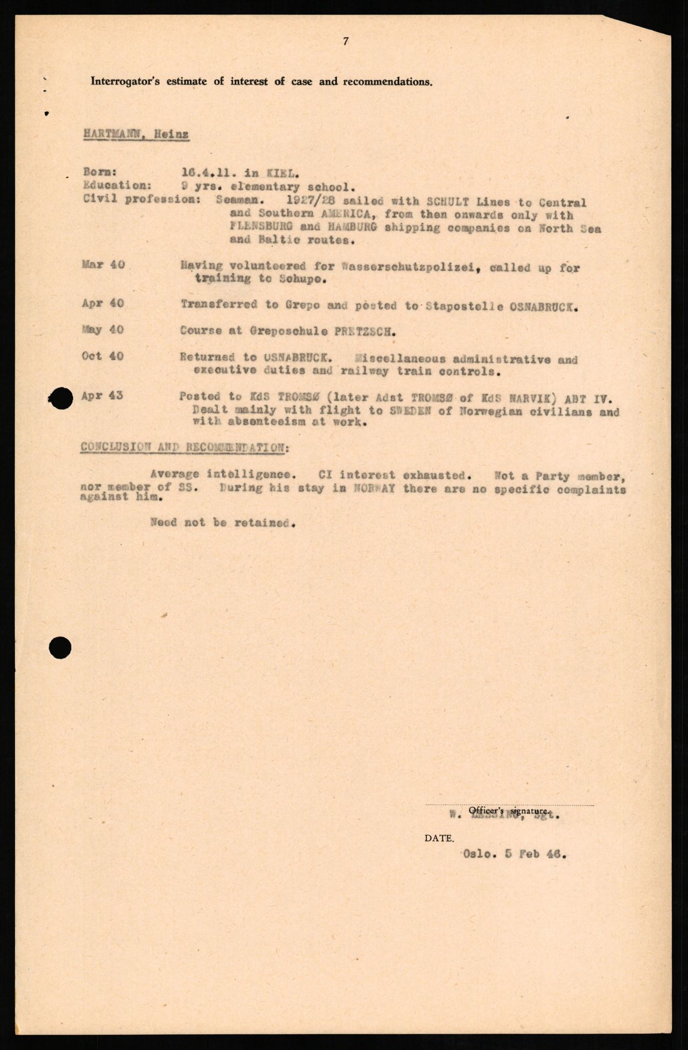 Forsvaret, Forsvarets overkommando II, AV/RA-RAFA-3915/D/Db/L0012: CI Questionaires. Tyske okkupasjonsstyrker i Norge. Tyskere., 1945-1946, p. 86