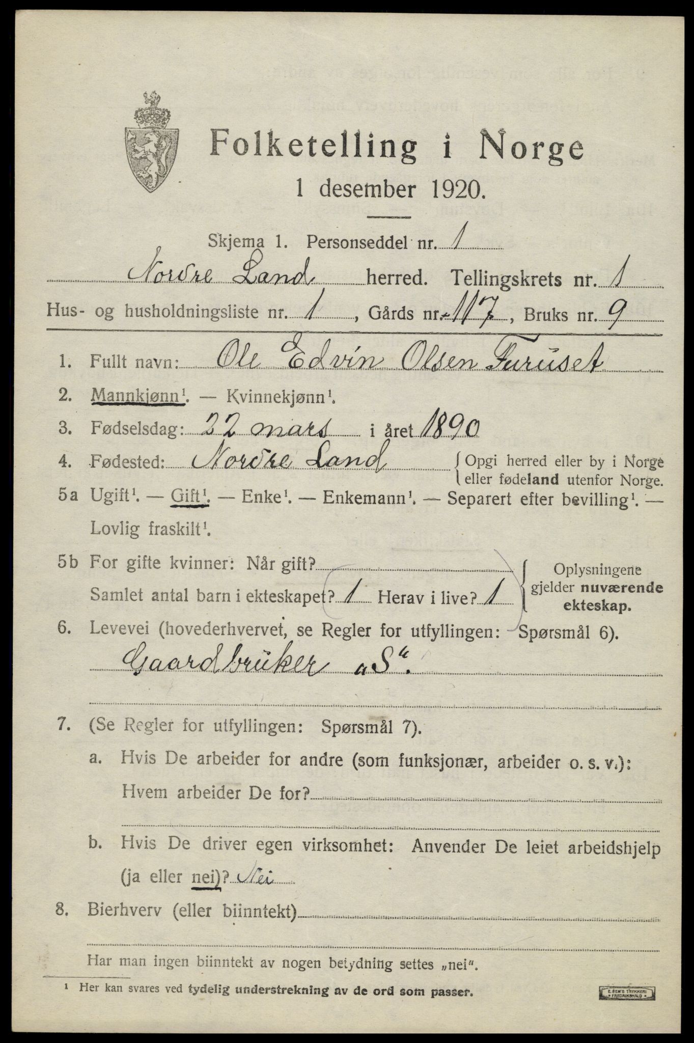 SAH, 1920 census for Nordre Land, 1920, p. 1118