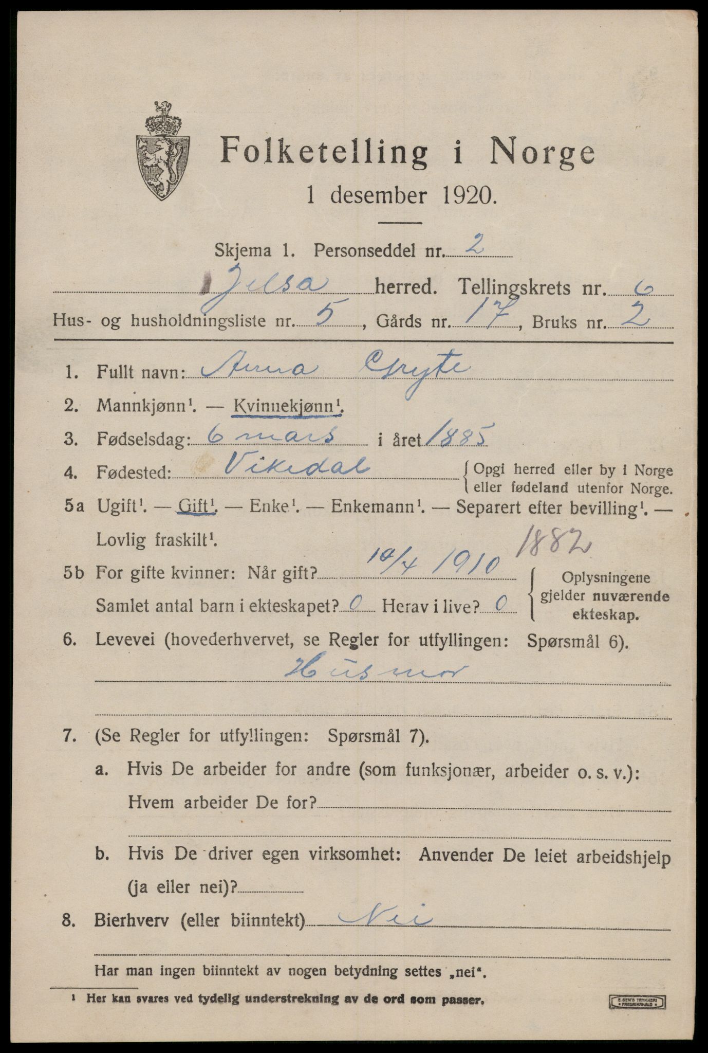 SAST, 1920 census for Jelsa, 1920, p. 1686