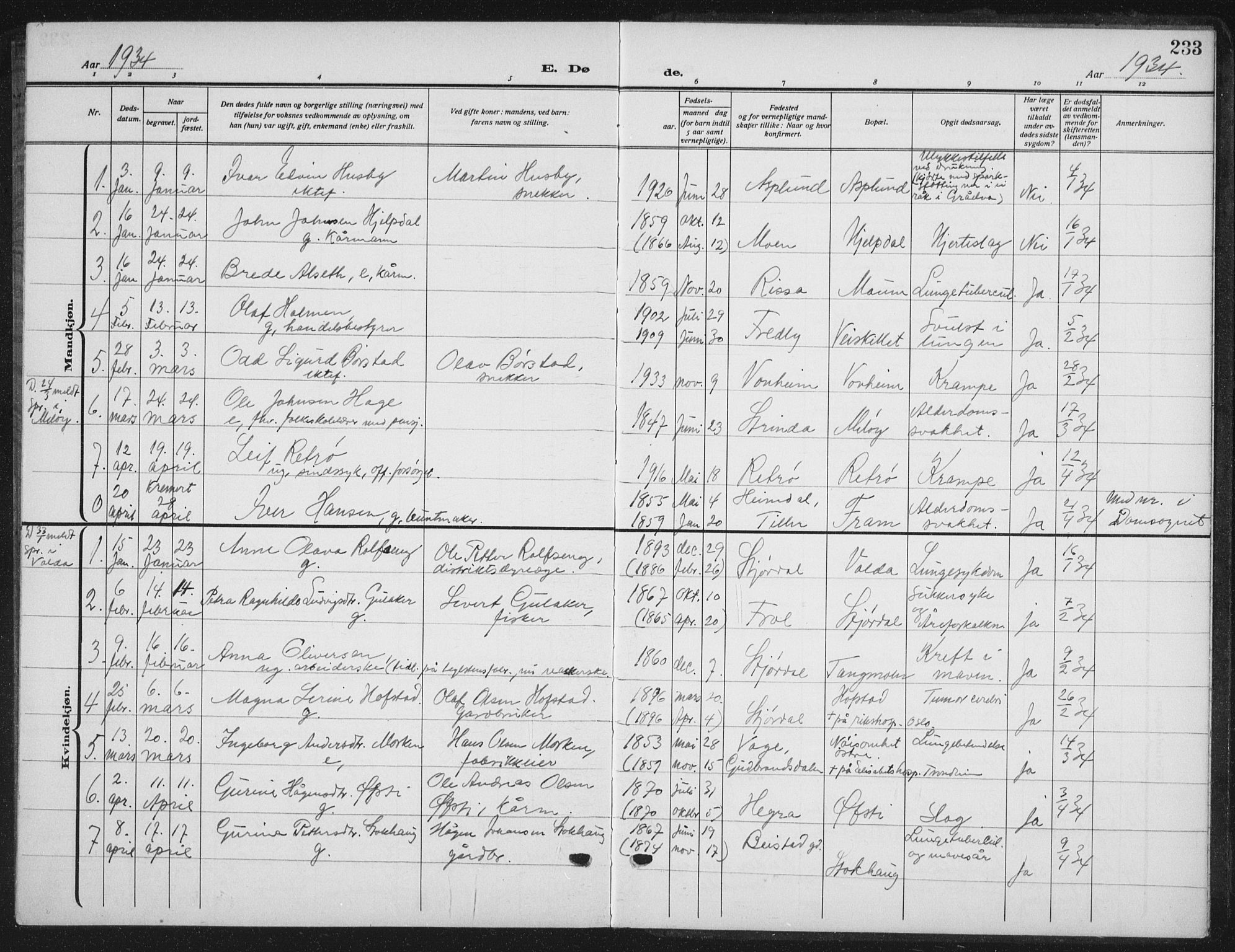 Ministerialprotokoller, klokkerbøker og fødselsregistre - Nord-Trøndelag, SAT/A-1458/709/L0088: Parish register (copy) no. 709C02, 1914-1934, p. 233