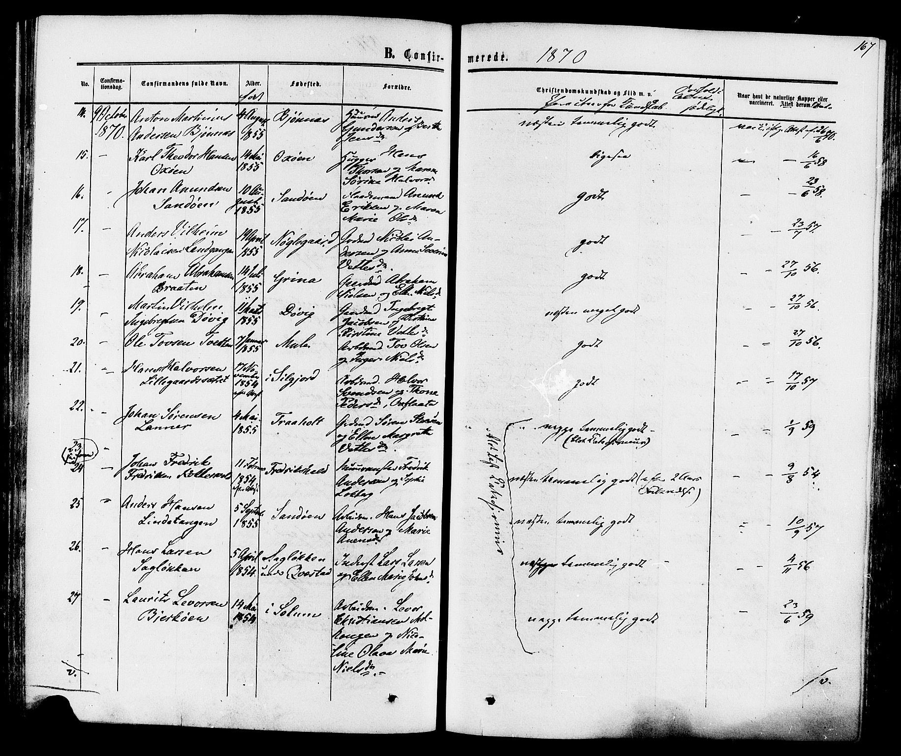 Eidanger kirkebøker, SAKO/A-261/F/Fa/L0010: Parish register (official) no. 10, 1859-1874, p. 167