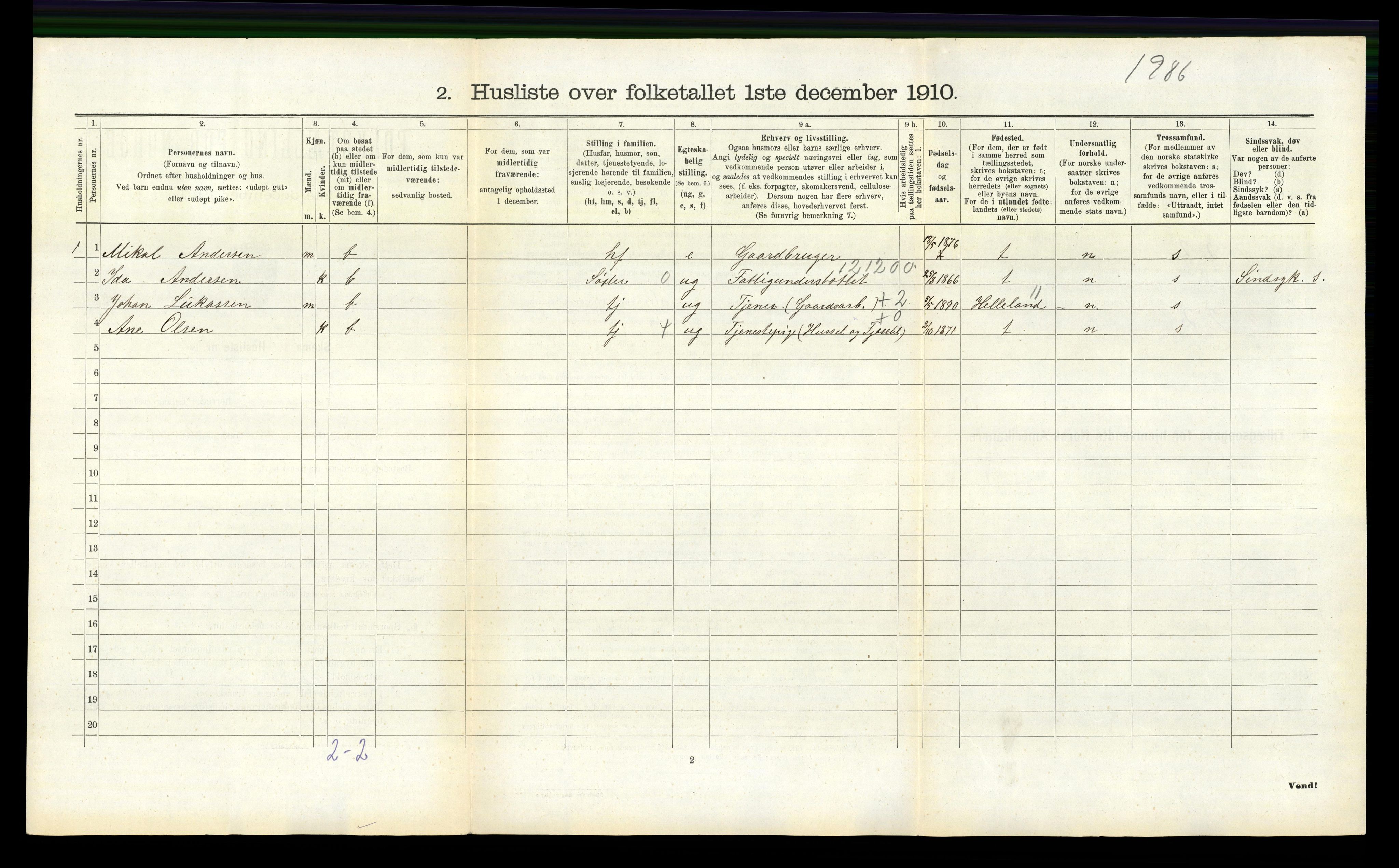 RA, 1910 census for Eigersund, 1910, p. 659