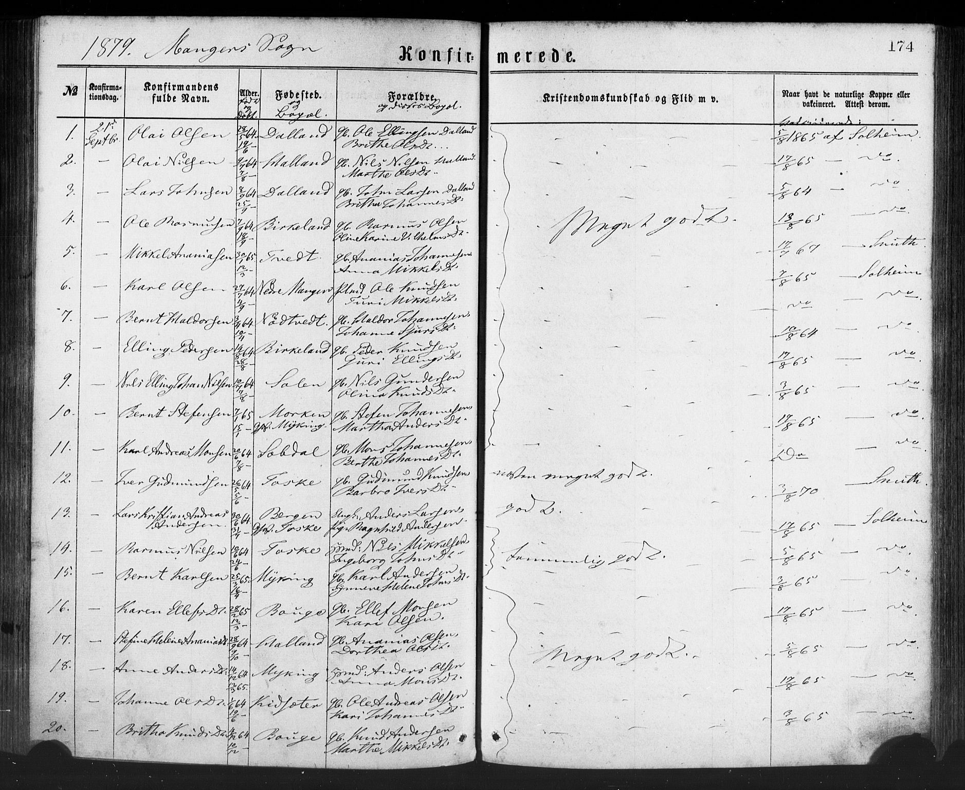 Manger sokneprestembete, SAB/A-76801/H/Haa: Parish register (official) no. A 8, 1871-1880, p. 174
