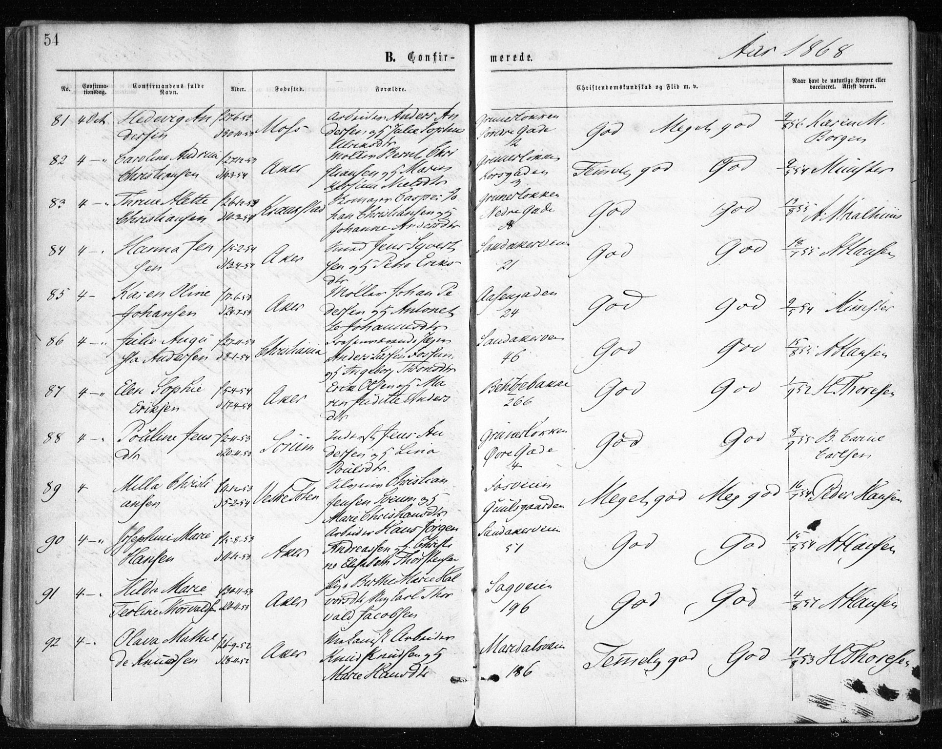 Gamle Aker prestekontor Kirkebøker, AV/SAO-A-10617a/F/L0003: Parish register (official) no. 3, 1865-1873, p. 54