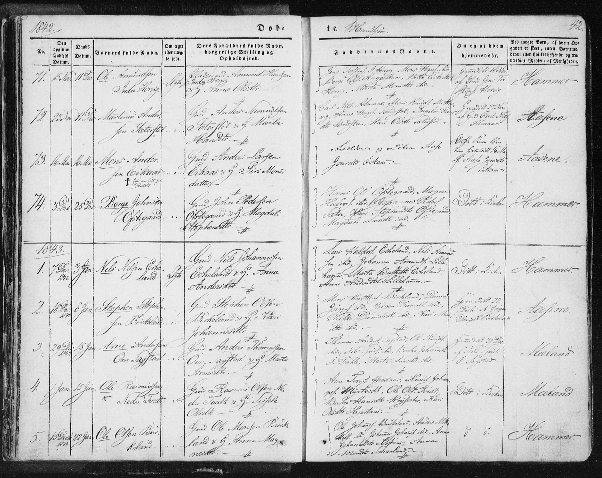 Hamre sokneprestembete, AV/SAB-A-75501/H/Ha/Haa/Haaa/L0012: Parish register (official) no. A 12, 1834-1845, p. 42