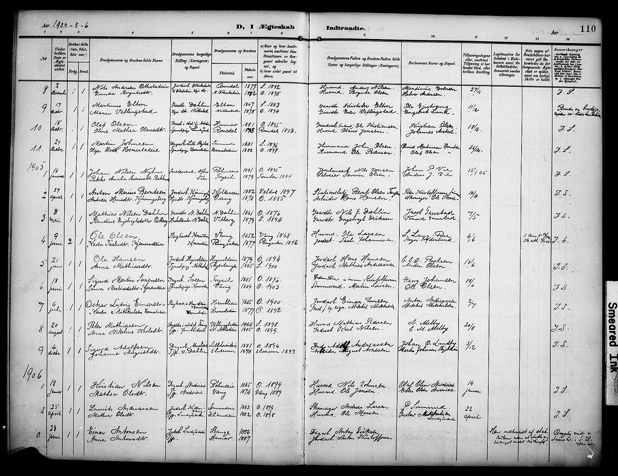 Stange prestekontor, SAH/PREST-002/K/L0022: Parish register (official) no. 22, 1903-1914, p. 110