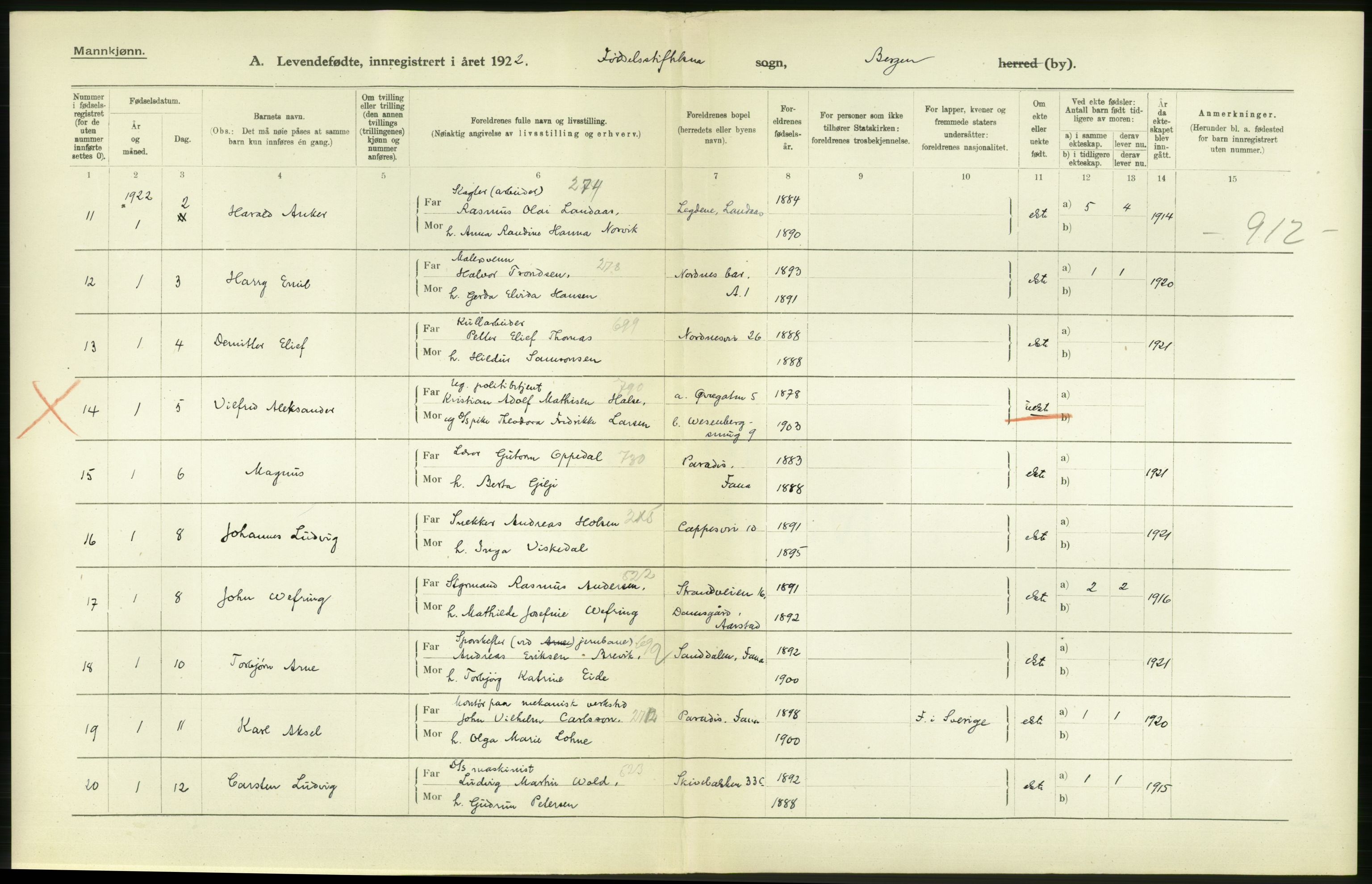 Statistisk sentralbyrå, Sosiodemografiske emner, Befolkning, AV/RA-S-2228/D/Df/Dfc/Dfcb/L0029: Bergen: Levendefødte menn og kvinner., 1922, p. 4
