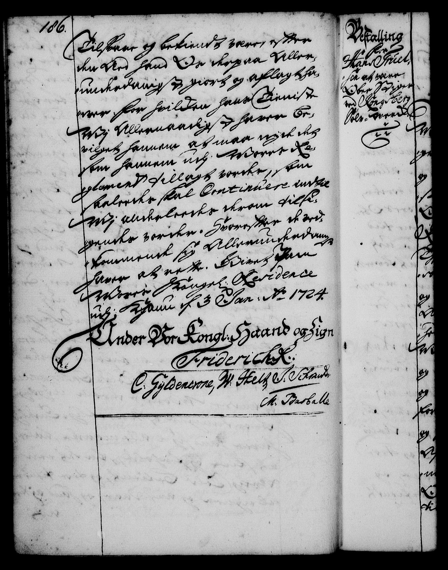 Rentekammeret, Kammerkanselliet, RA/EA-3111/G/Gg/Gge/L0001: Norsk bestallingsprotokoll med register (merket RK 53.25), 1720-1730, p. 186