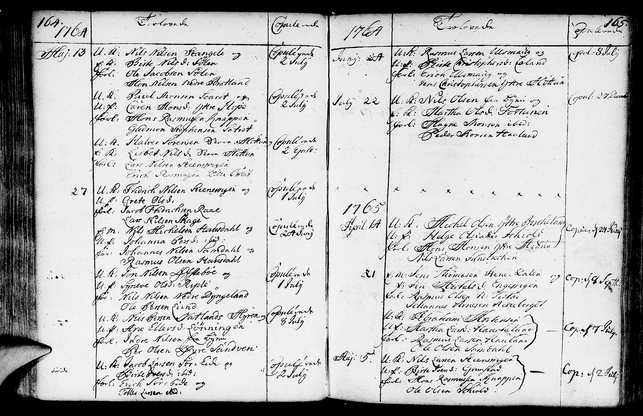 Fana Sokneprestembete, SAB/A-75101/H/Haa/Haaa/L0004: Parish register (official) no. A 4, 1757-1774, p. 164-165