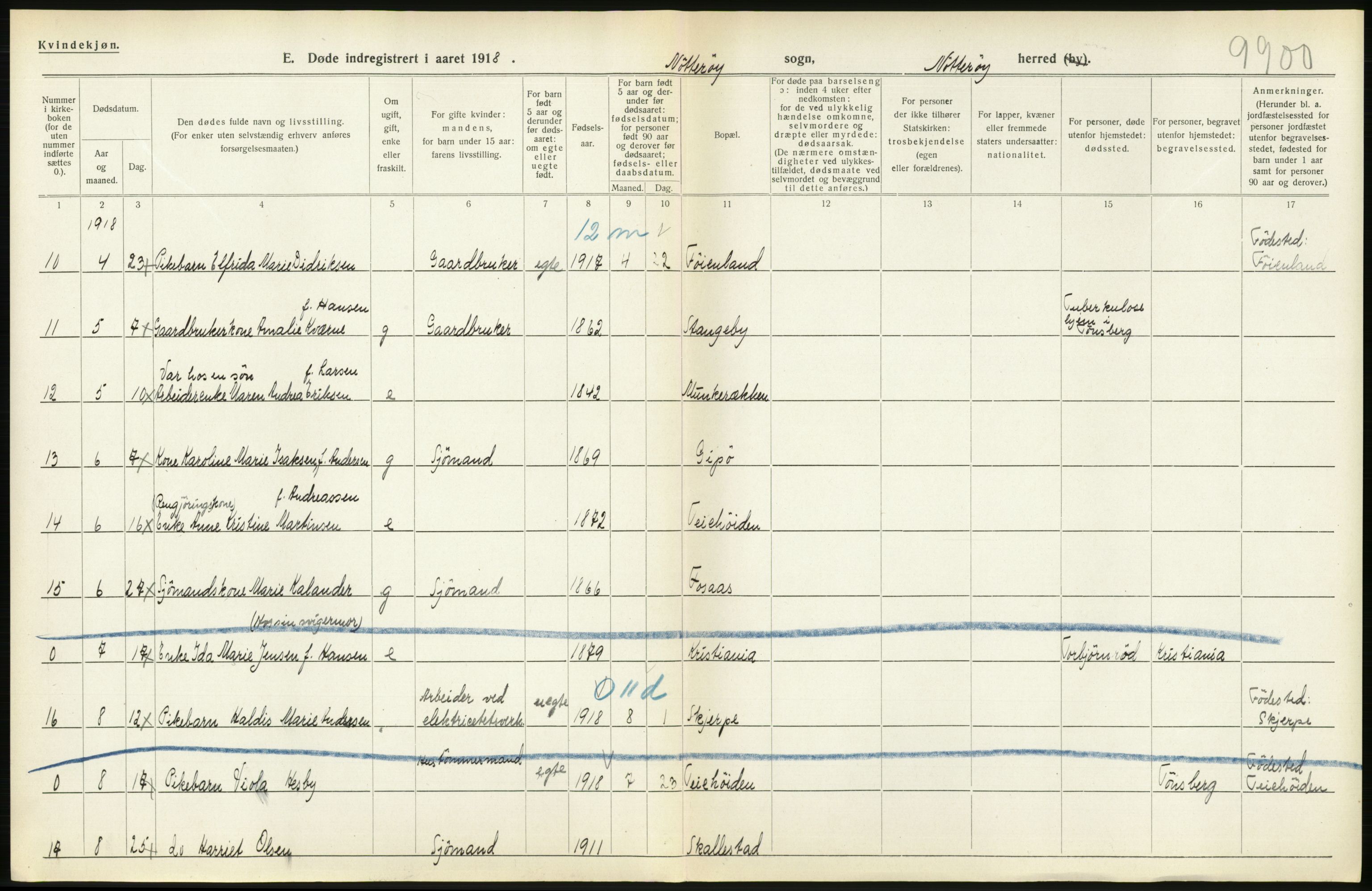 Statistisk sentralbyrå, Sosiodemografiske emner, Befolkning, AV/RA-S-2228/D/Df/Dfb/Dfbh/L0023: Vestfold fylke: Døde. Bygder og byer., 1918, p. 292