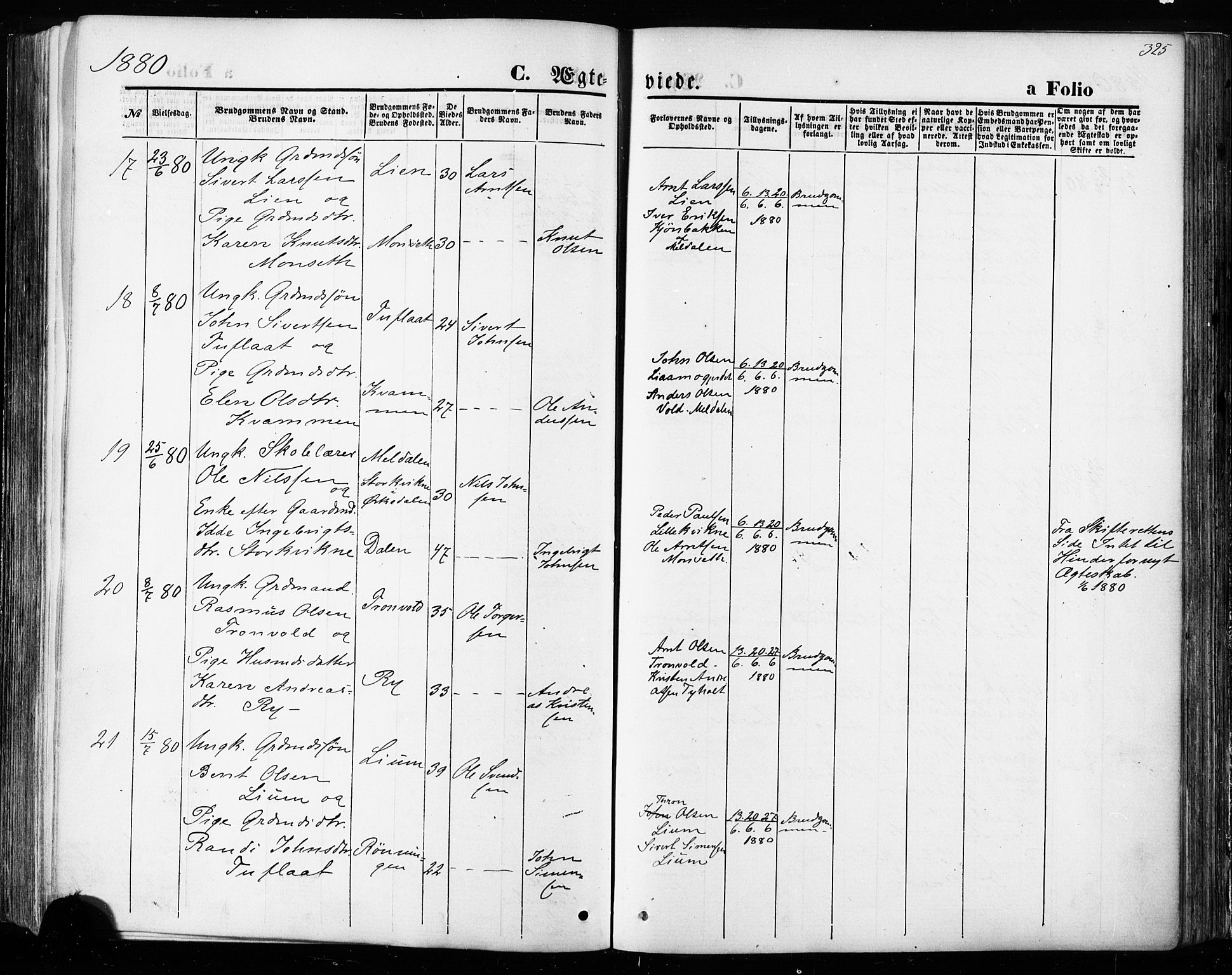 Ministerialprotokoller, klokkerbøker og fødselsregistre - Sør-Trøndelag, AV/SAT-A-1456/668/L0807: Parish register (official) no. 668A07, 1870-1880, p. 325