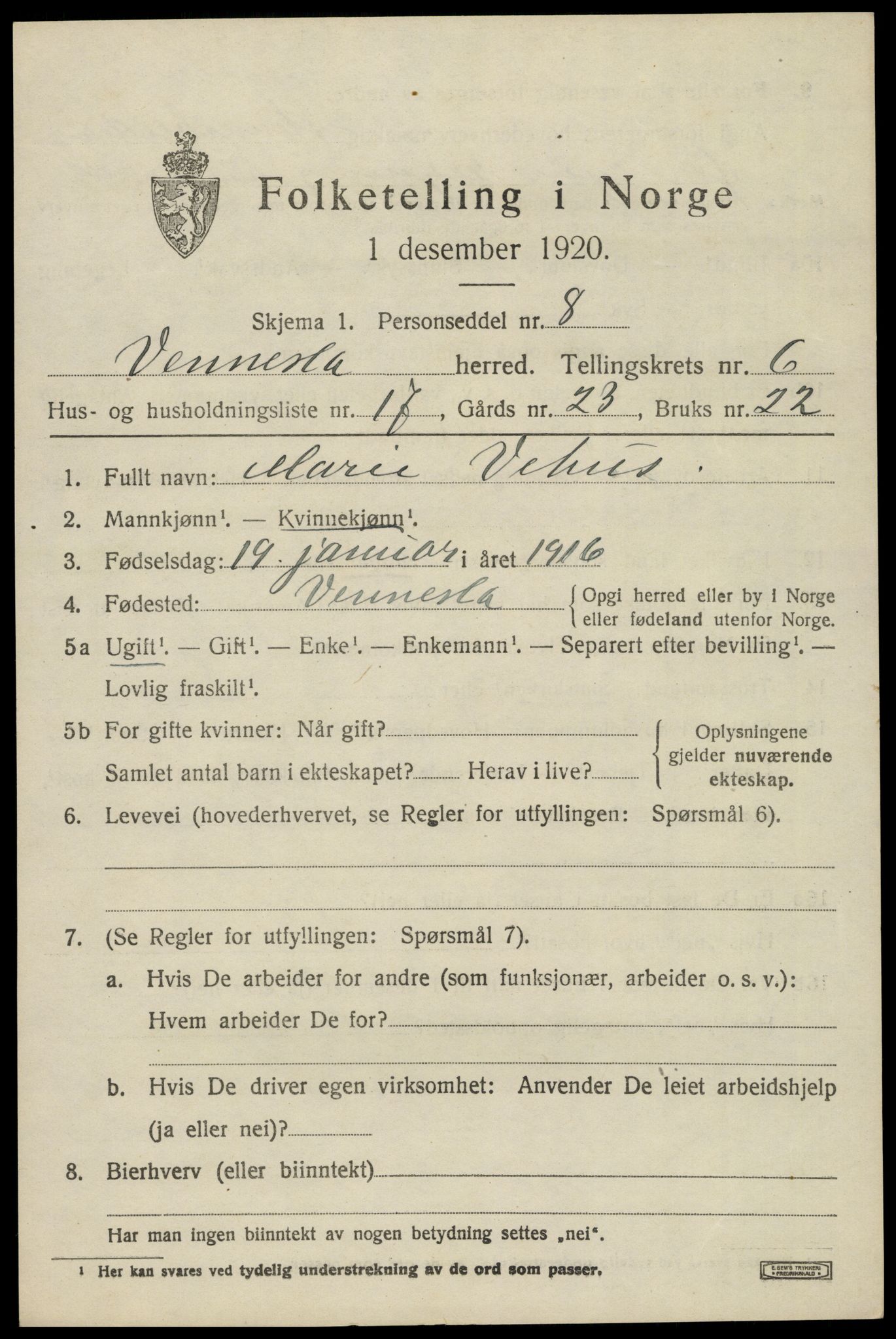 SAK, 1920 census for Vennesla, 1920, p. 4518