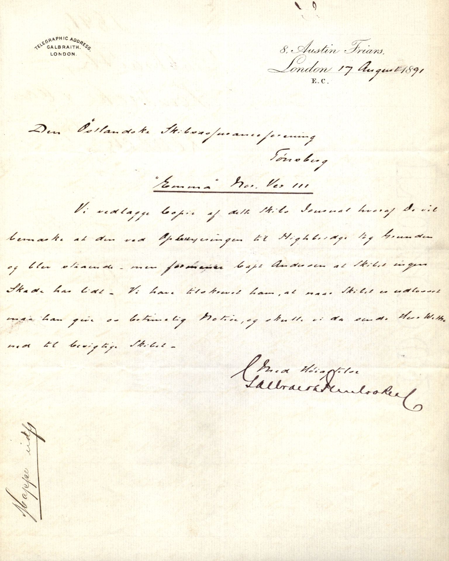 Pa 63 - Østlandske skibsassuranceforening, VEMU/A-1079/G/Ga/L0027/0006: Havaridokumenter / Union, Trio, Einar, Eidsvold, Emma, Svalen, 1891, p. 53