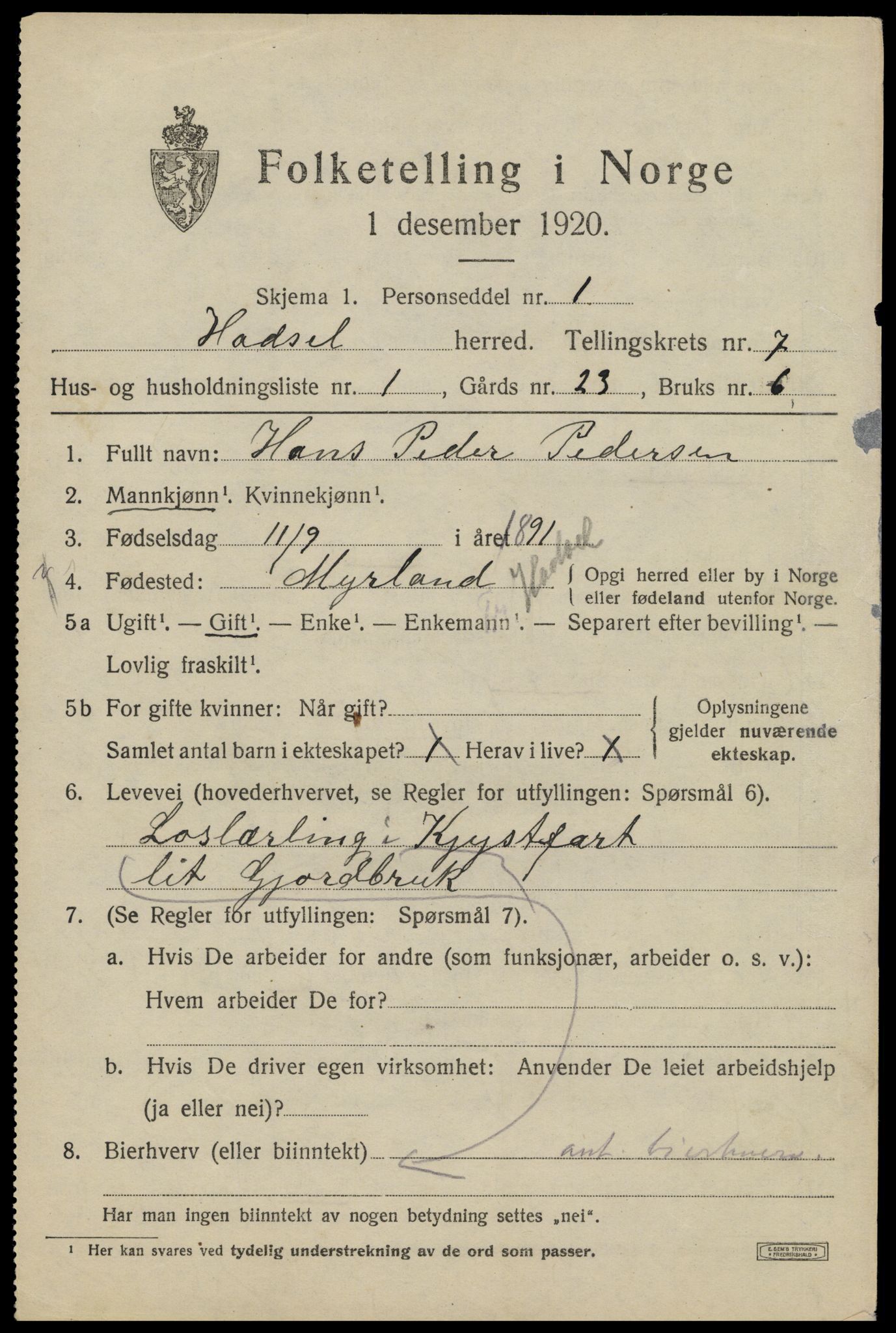 SAT, 1920 census for Hadsel, 1920, p. 6878