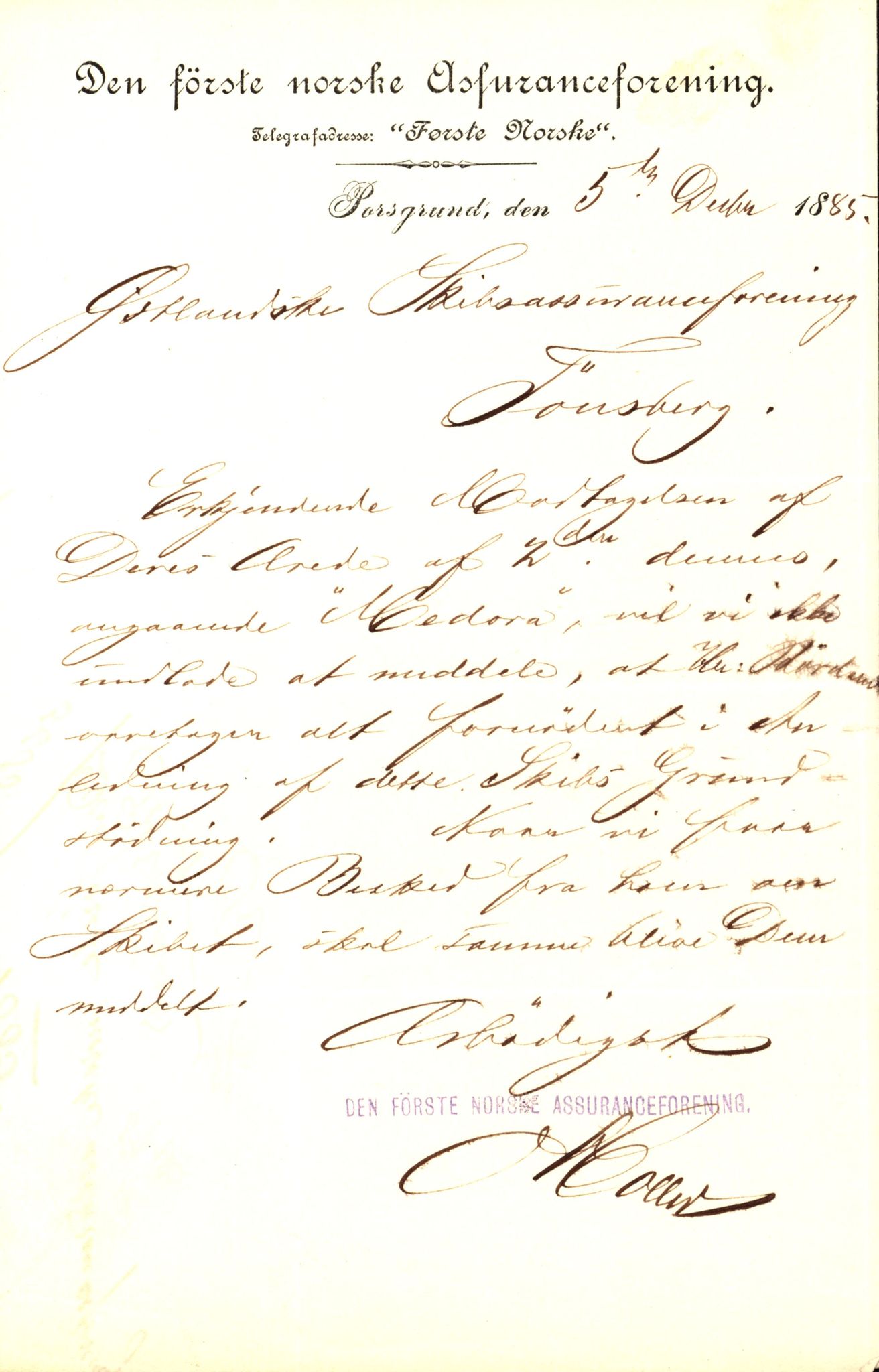 Pa 63 - Østlandske skibsassuranceforening, VEMU/A-1079/G/Ga/L0018/0008: Havaridokumenter / Minerva, Medora, Memoria, Medbør, Lucie, 1885, p. 3