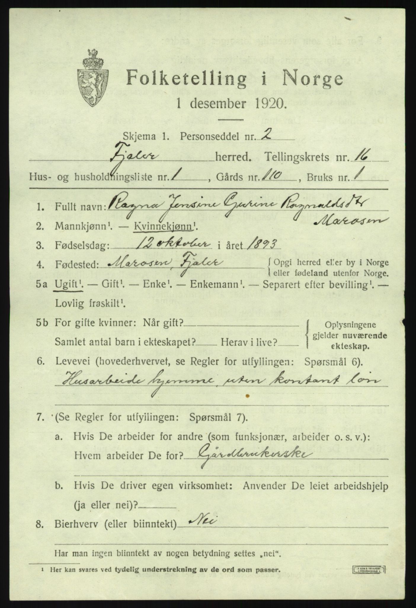 SAB, 1920 census for Fjaler, 1920, p. 8389