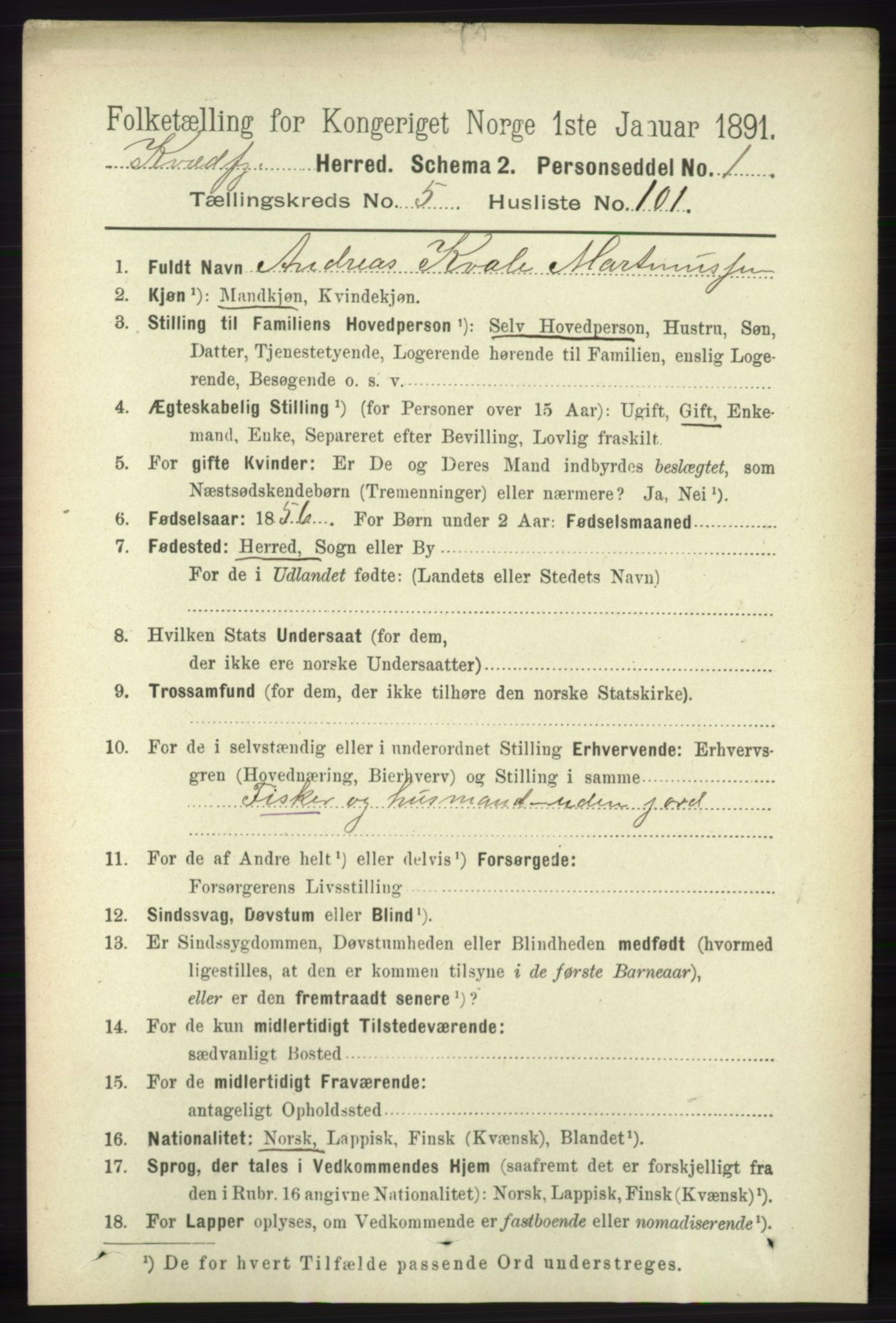 RA, 1891 census for 1911 Kvæfjord, 1891, p. 3474