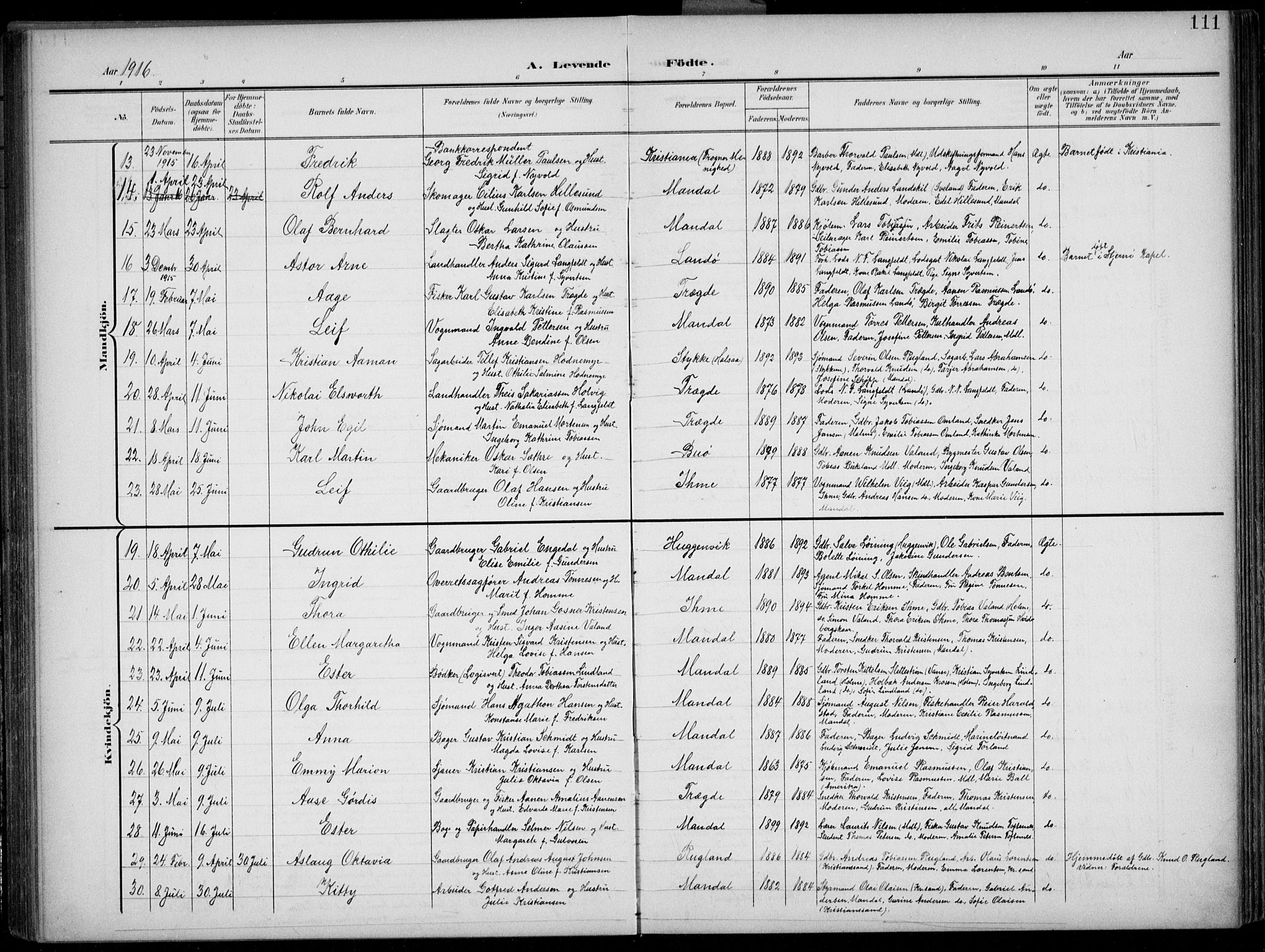 Mandal sokneprestkontor, AV/SAK-1111-0030/F/Fb/Fba/L0012: Parish register (copy) no. B 6, 1899-1918, p. 111