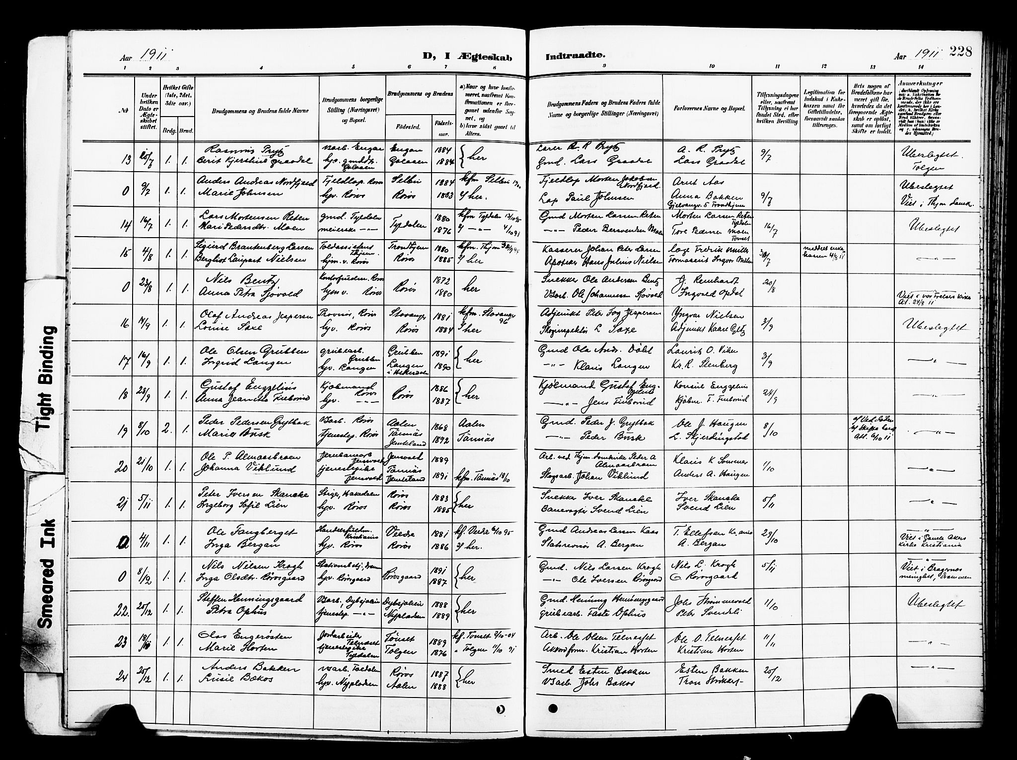 Ministerialprotokoller, klokkerbøker og fødselsregistre - Sør-Trøndelag, SAT/A-1456/681/L0942: Parish register (copy) no. 681C06, 1906-1925, p. 228