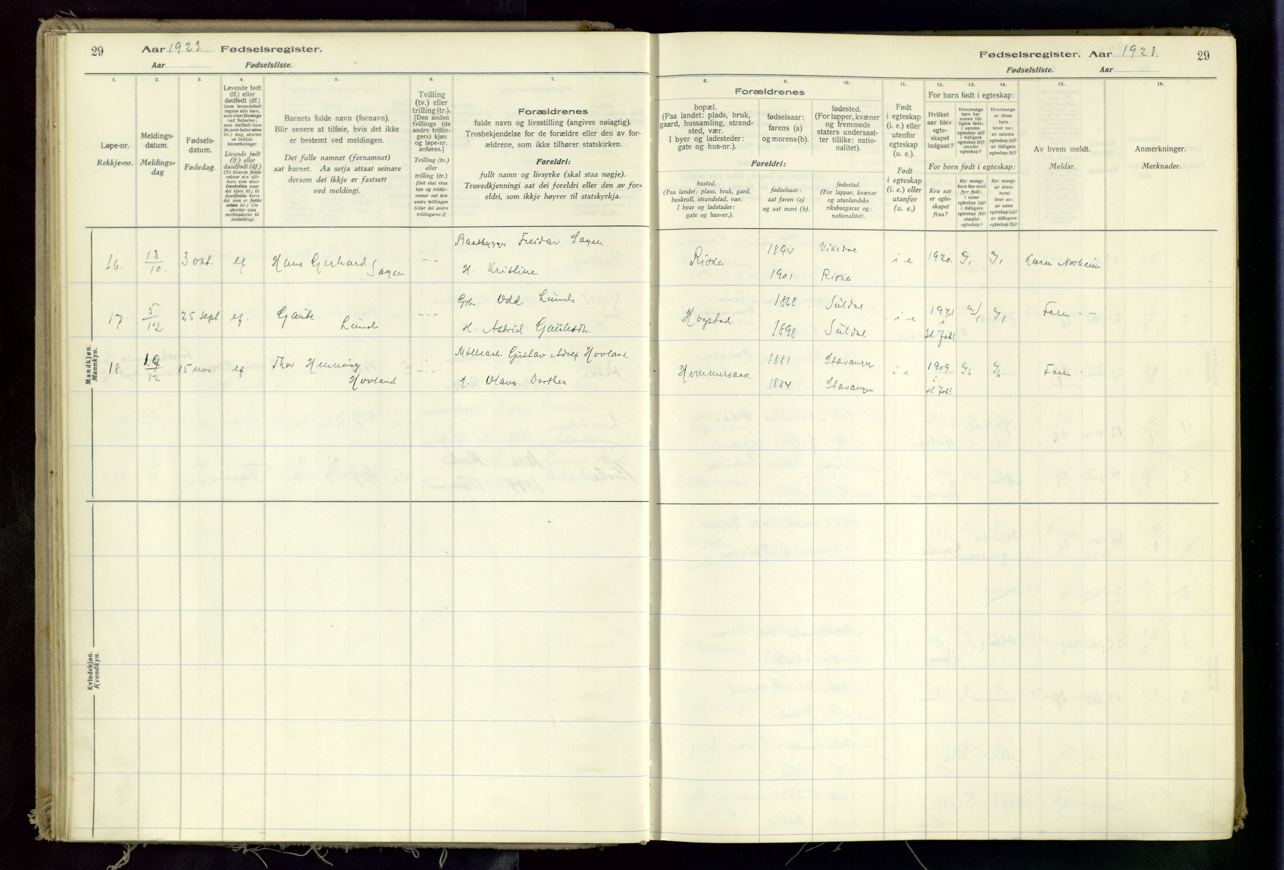 Hetland sokneprestkontor, SAST/A-101826/70/704BA/L0002: Birth register no. 2, 1916-1968, p. 29