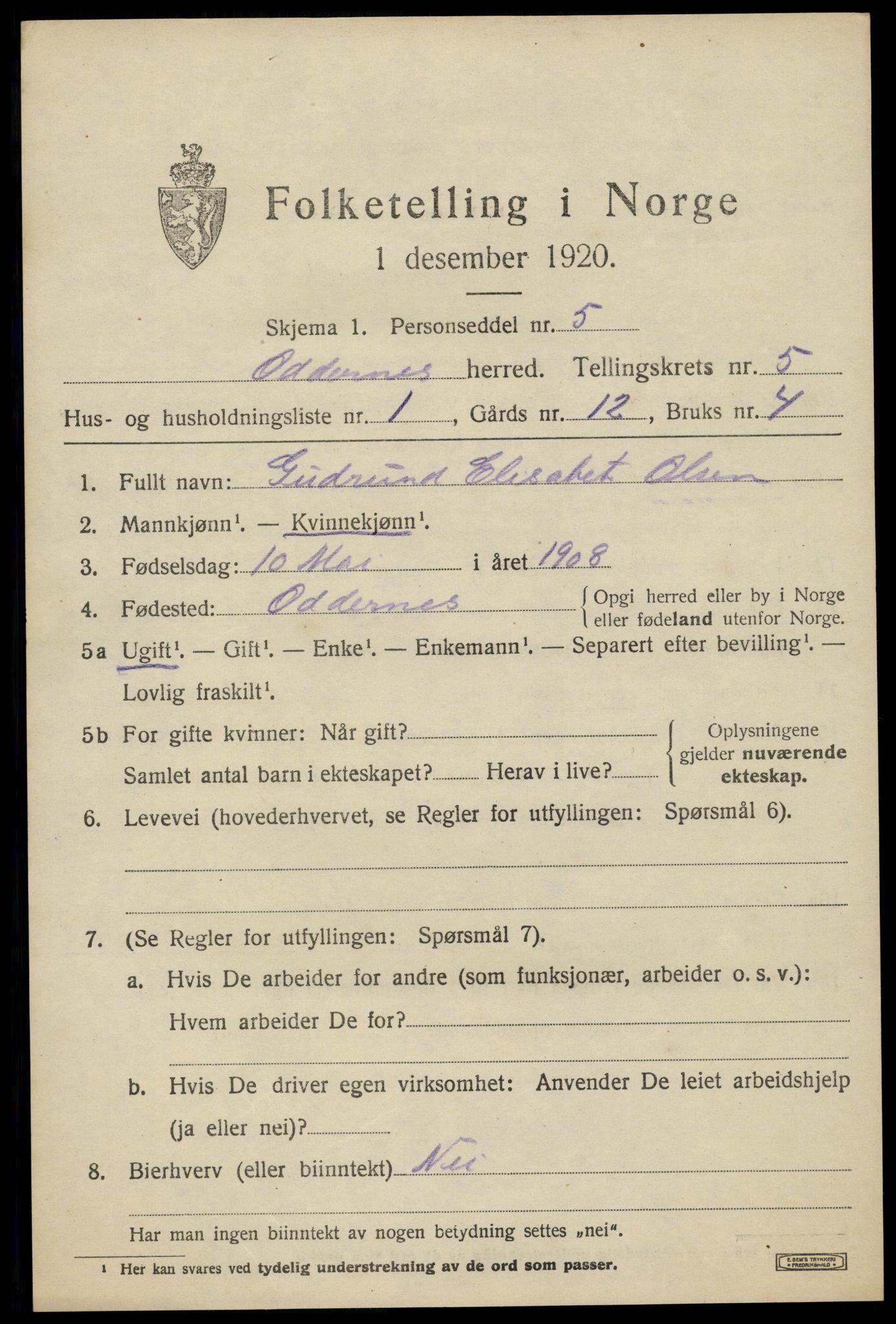 SAK, 1920 census for Oddernes, 1920, p. 4437