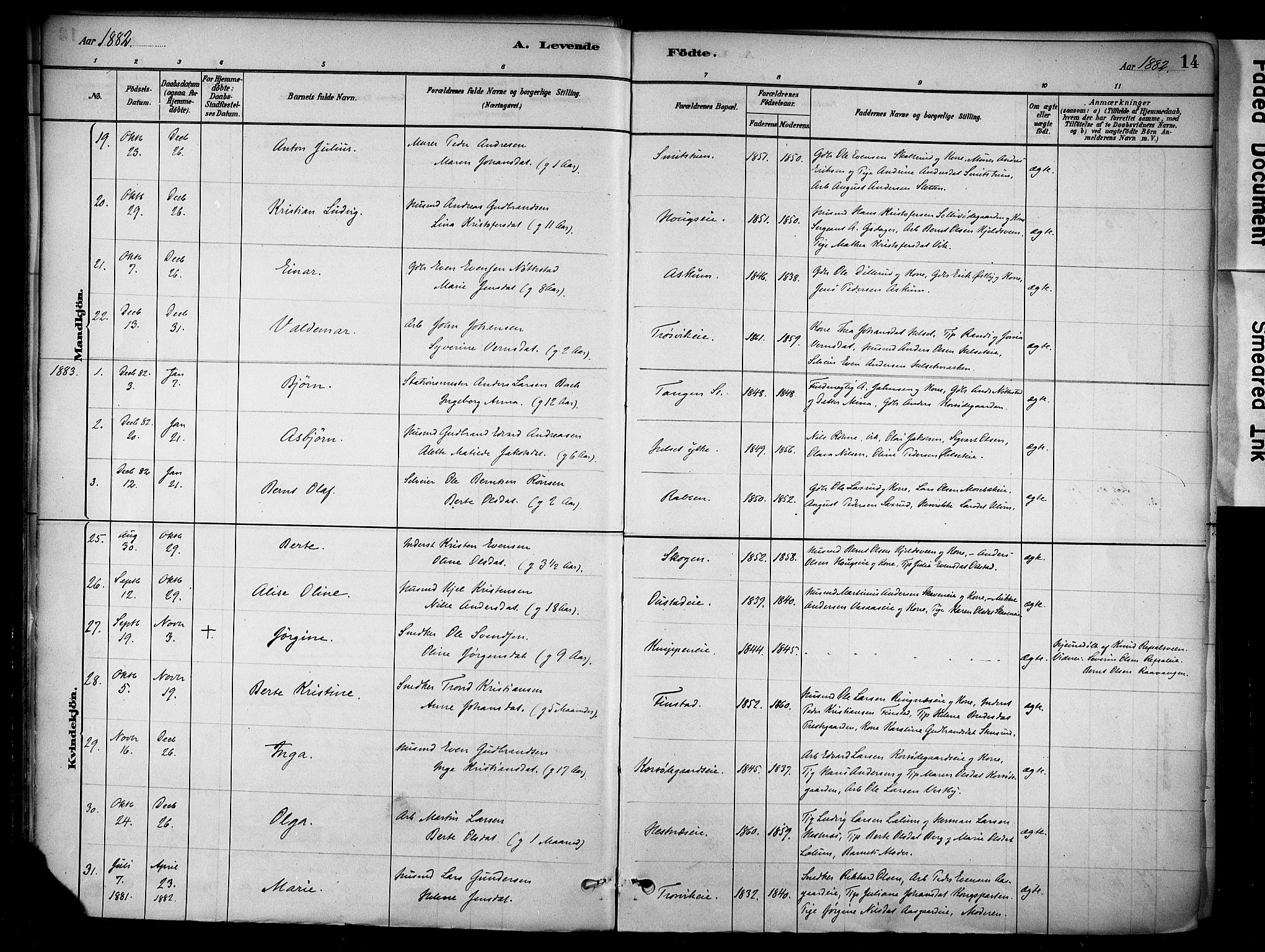 Stange prestekontor, SAH/PREST-002/K/L0018: Parish register (official) no. 18, 1880-1896, p. 14