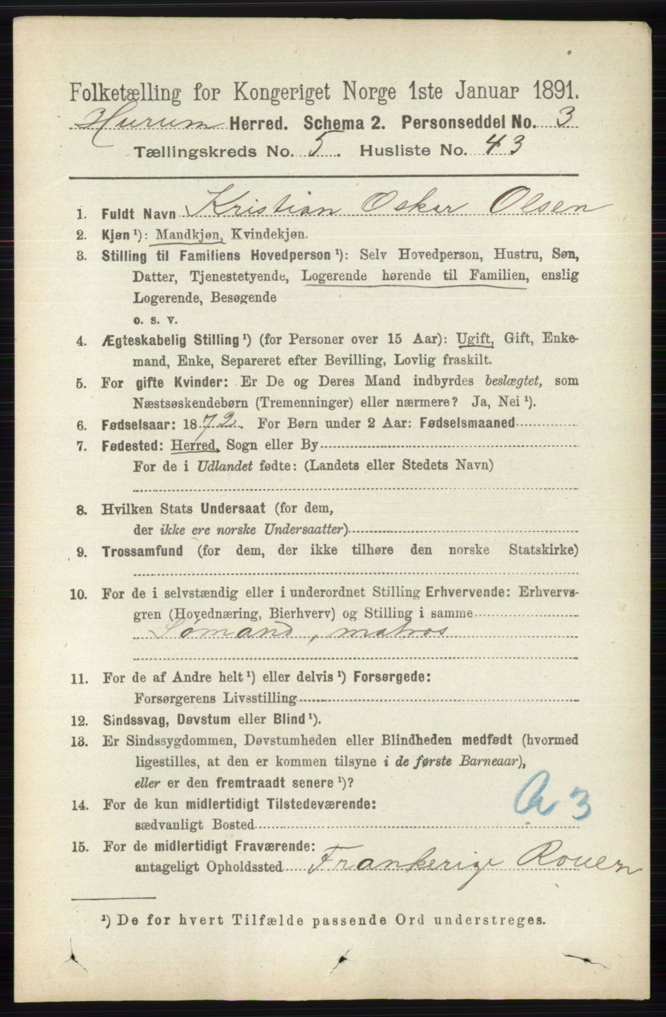 RA, 1891 census for 0628 Hurum, 1891, p. 1687