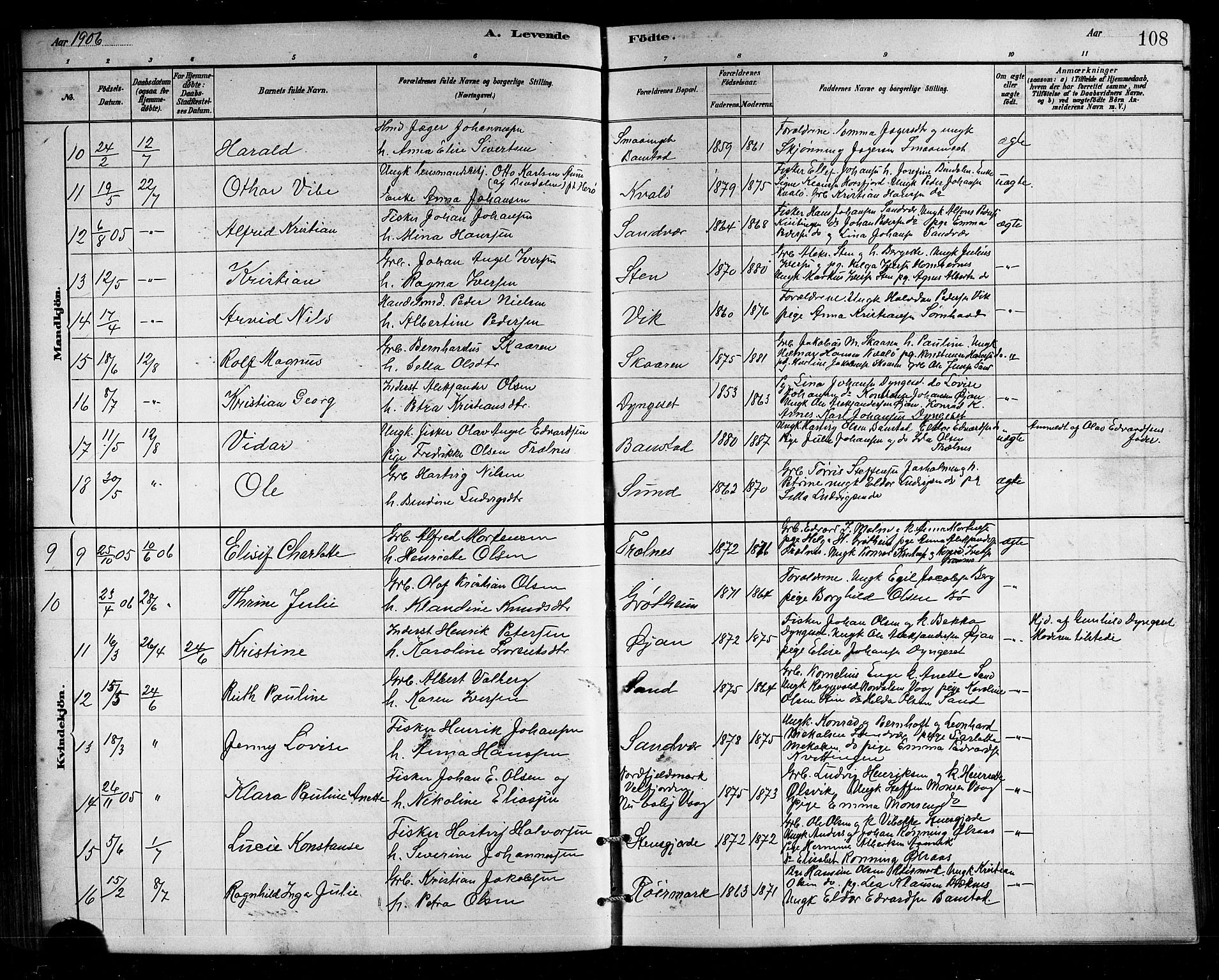 Ministerialprotokoller, klokkerbøker og fødselsregistre - Nordland, SAT/A-1459/812/L0188: Parish register (copy) no. 812C06, 1884-1912, p. 108
