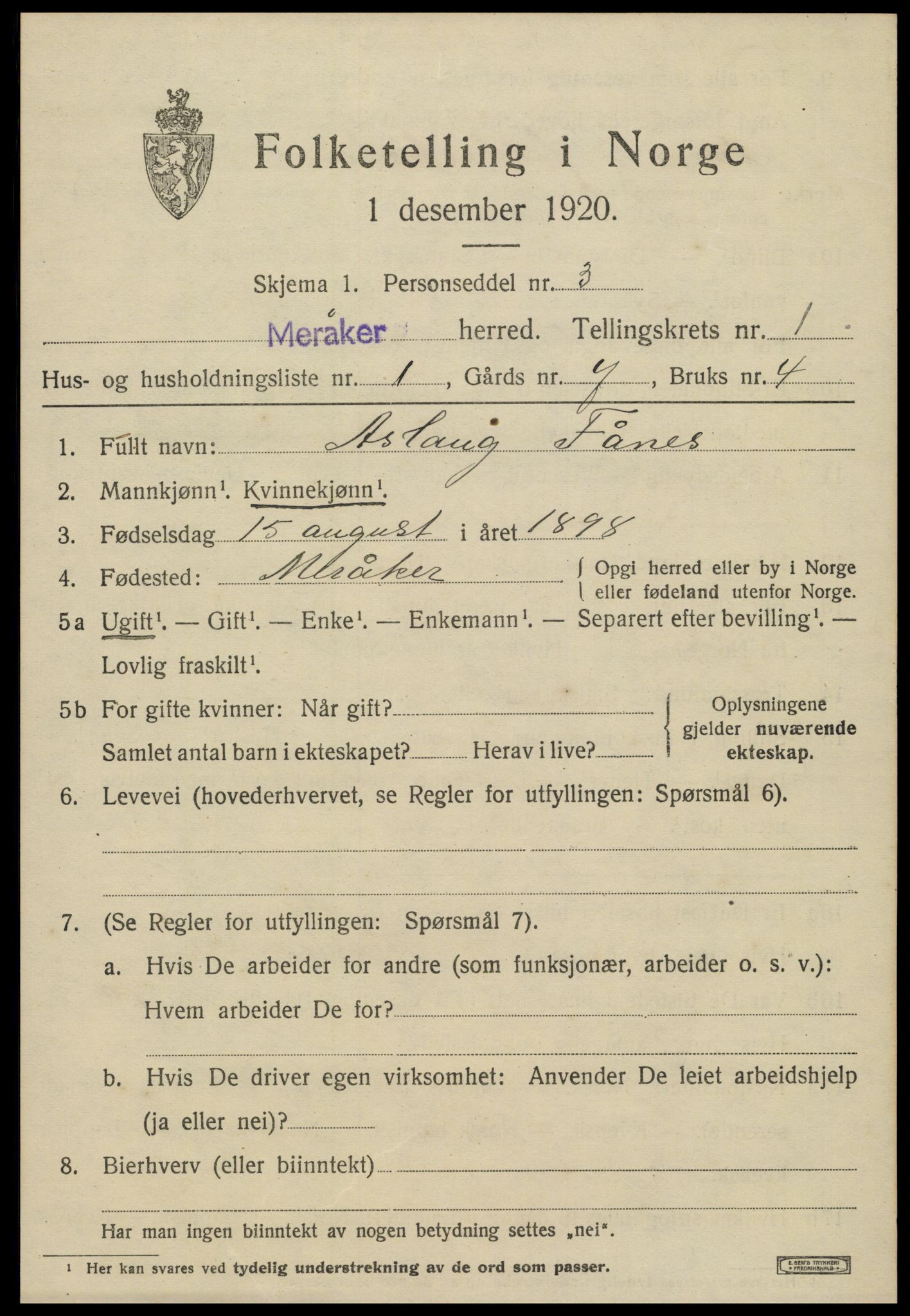 SAT, 1920 census for Meråker, 1920, p. 852